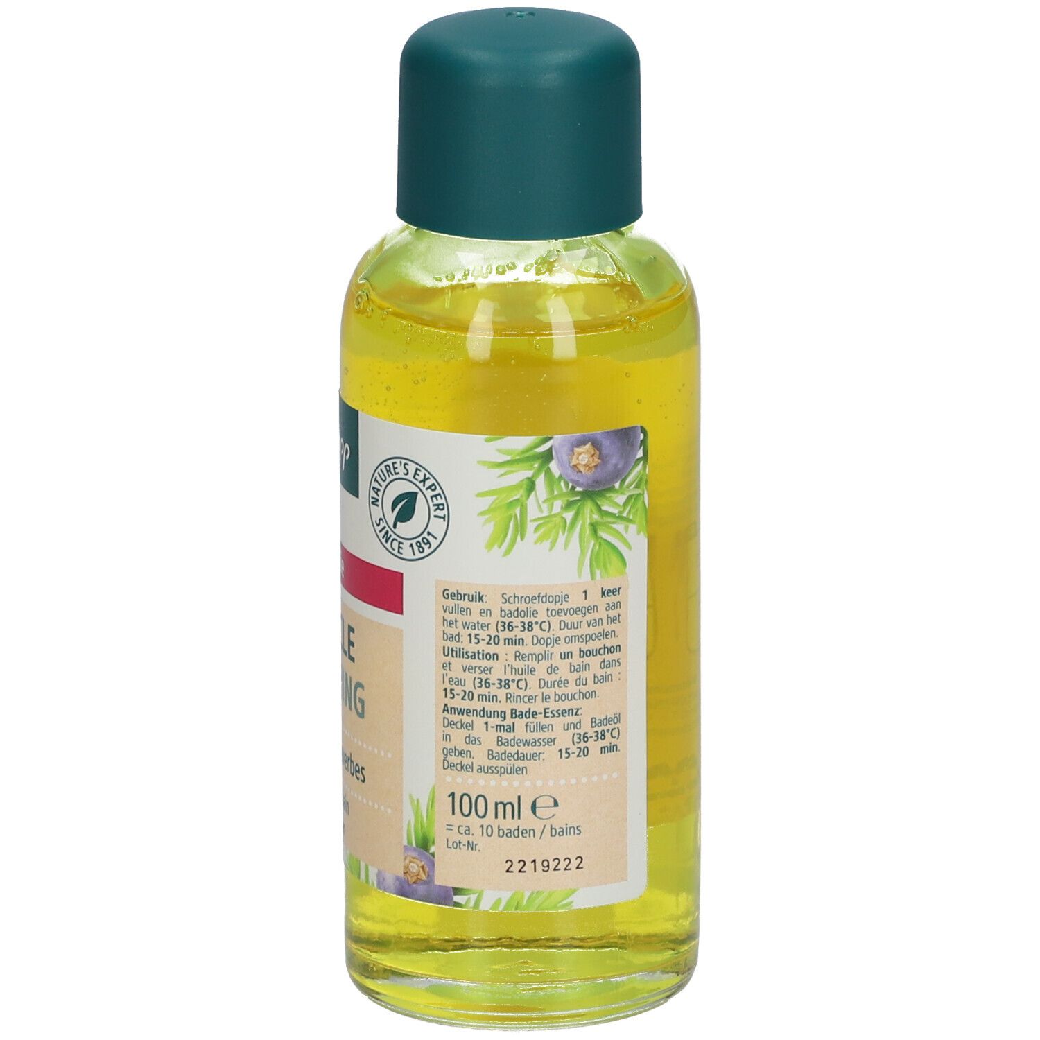Achterkant van de Kneipp badoliefles. Gele vloeistof, groene dop. Tekst met gebruiksaanwijzing.