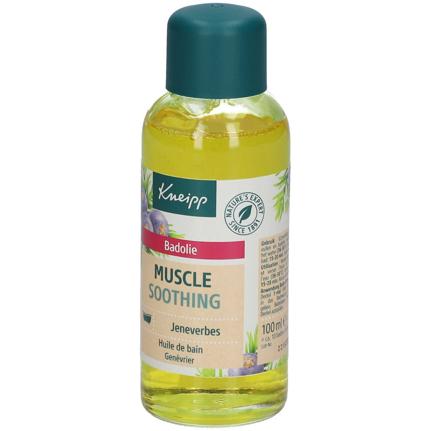 Kneipp badolie fles. Gele vloeistof, groene dop. Opschrift: Muscle Soothing, Jenevberbes, Huile de bain Genévrier.