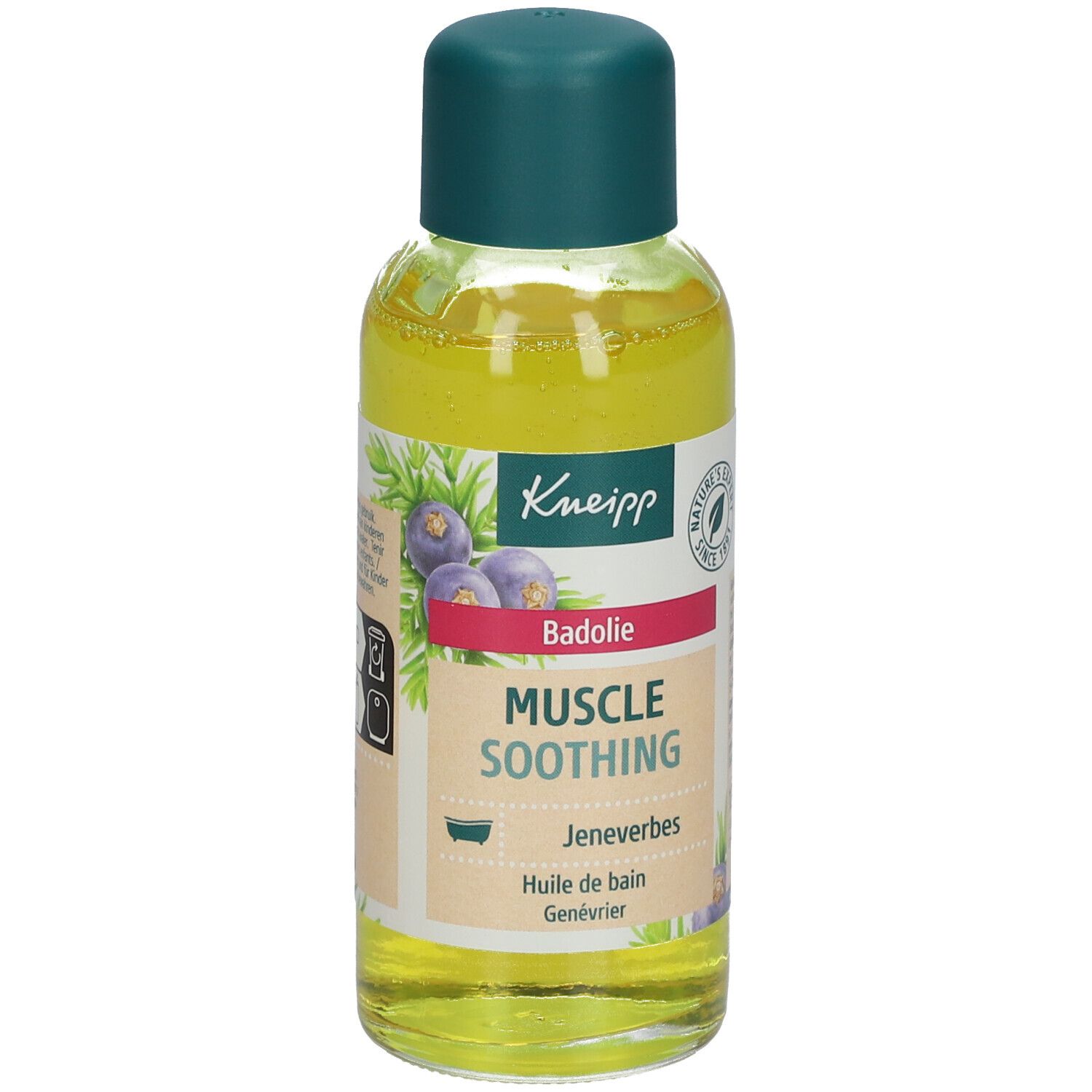 Kneipp badolie fles. Gele vloeistof, groene dop. Opschrift: Muscle Soothing, Jenevberbes, Huile de bain Genévrier.
