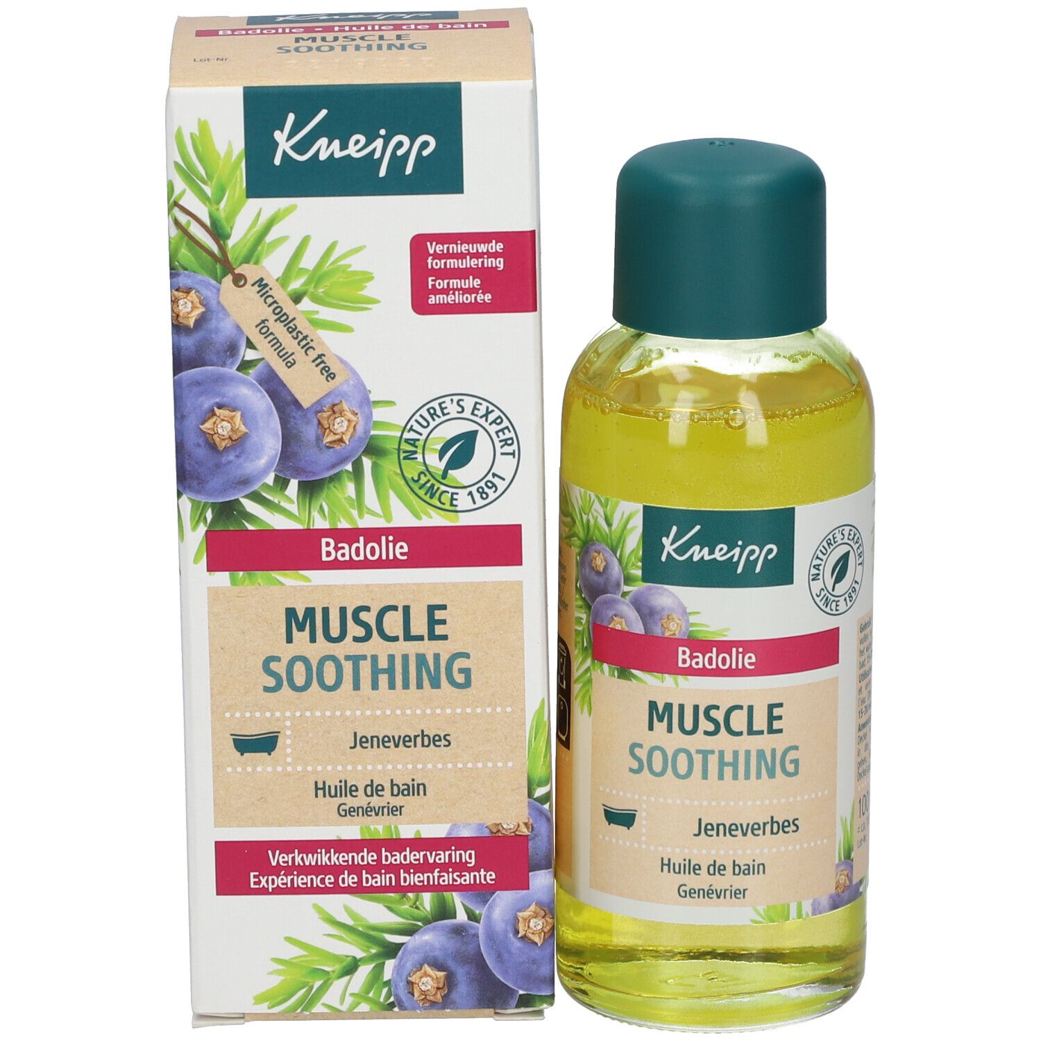Kneipp badoliefles met verpakking. Fles en doos met opschrift: Muscle Soothing, Jenevberbes, Huile de bain Genévrier.