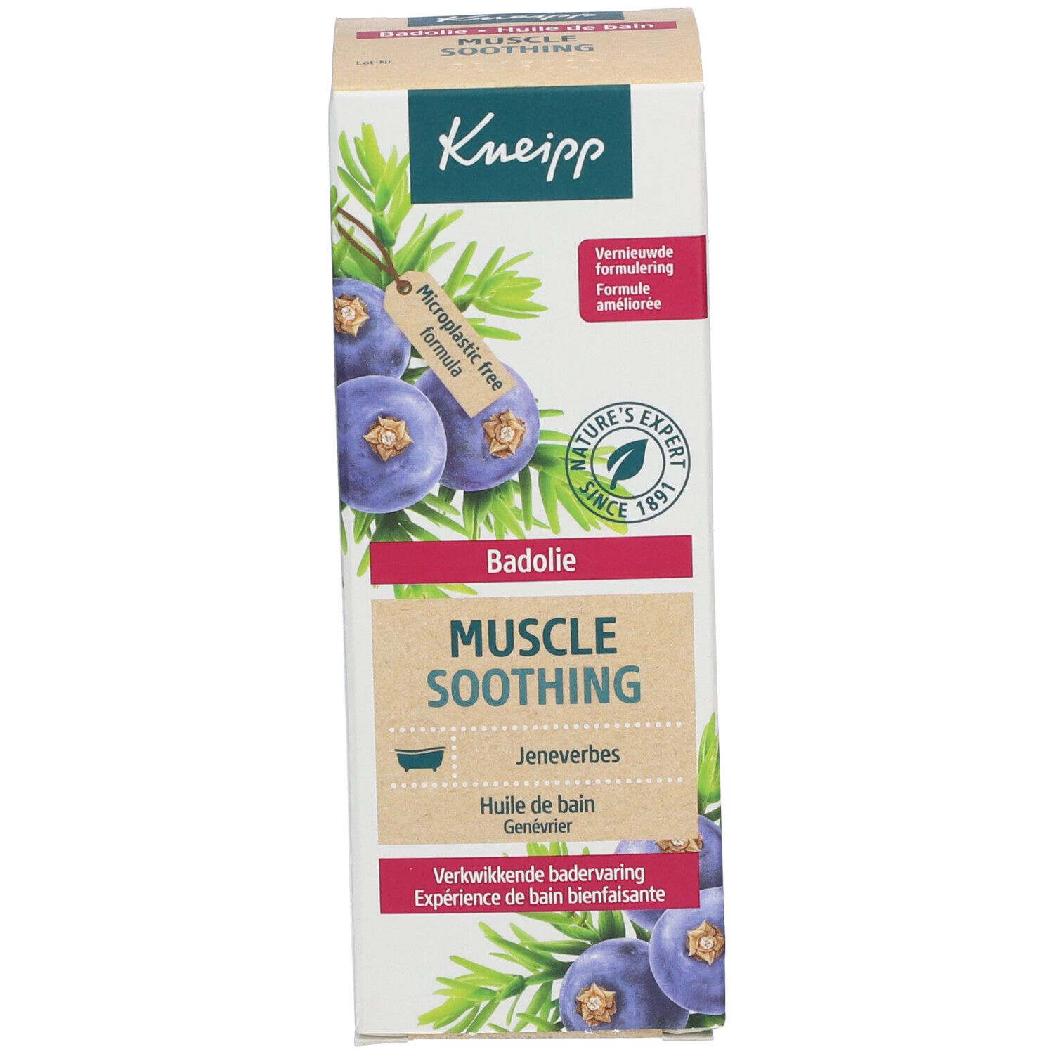 Kneipp badolie verpakking. Doos met opschrift: Muscle Soothing, Jenevberbes, Huile de bain Genévrier.