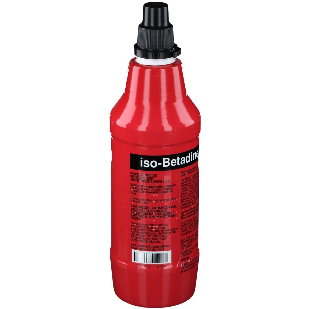 Flacon rouge avec bouchon noir. Inscription: iso-Betadine. Code-barres.