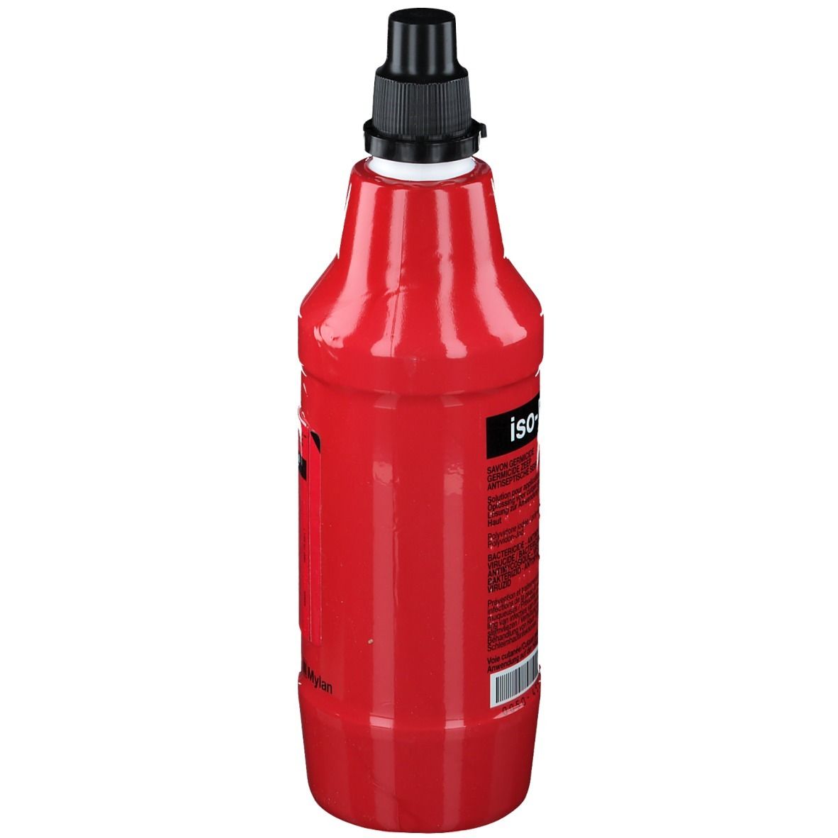 Flacon rouge avec bouchon noir. Inscription: iso-Betadine. Gros plan.
