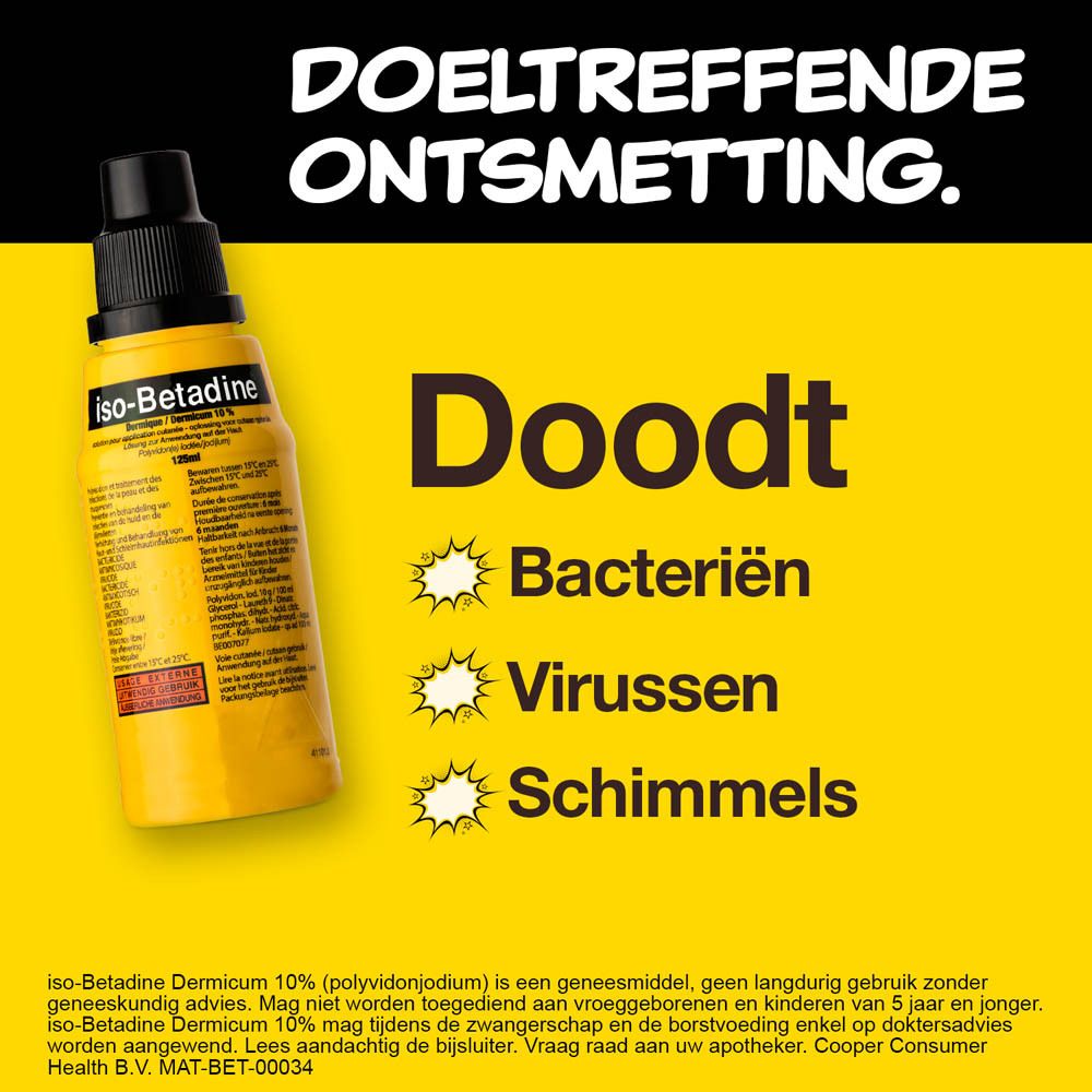 Gele achtergrond met tekst: Doeltreffende ontsmetting. Doodt bacteriën, virussen, schimmels. Fles iso-Betadine® Dermicum.