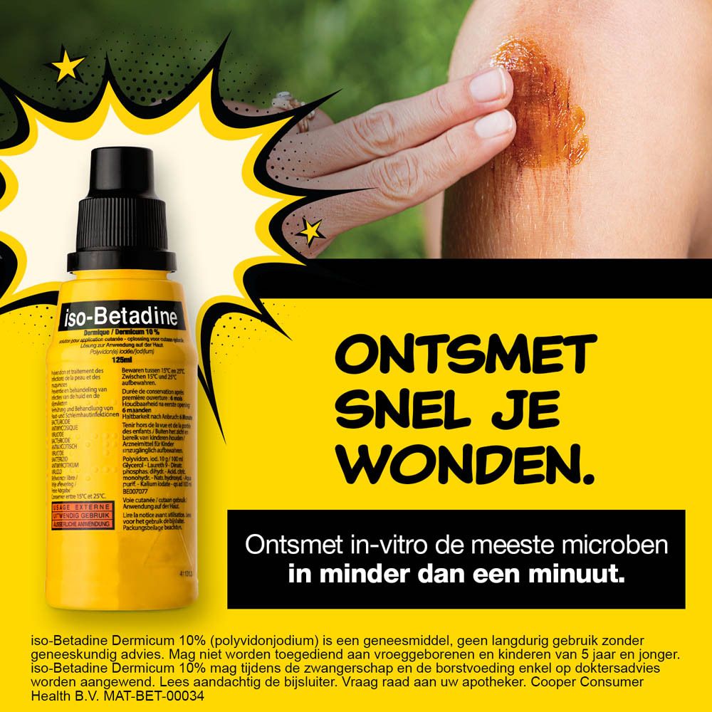 Gele achtergrond met tekst: Ontsmet snel je wonden. Fles iso-Betadine® Dermicum. Wonde op been.