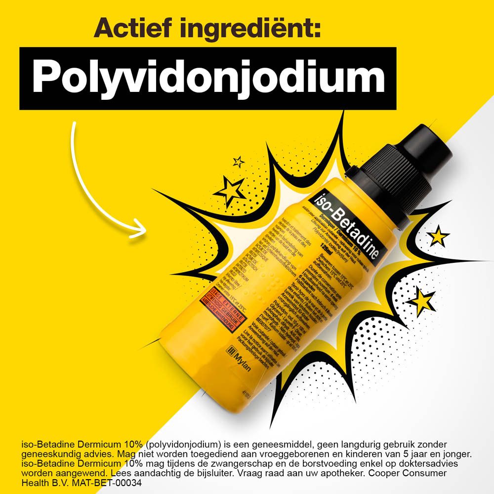 Gele achtergrond met tekst: Actief ingrediënt: Povidonjodium. Fles iso-Betadine® Dermicum. Ster illustraties.
