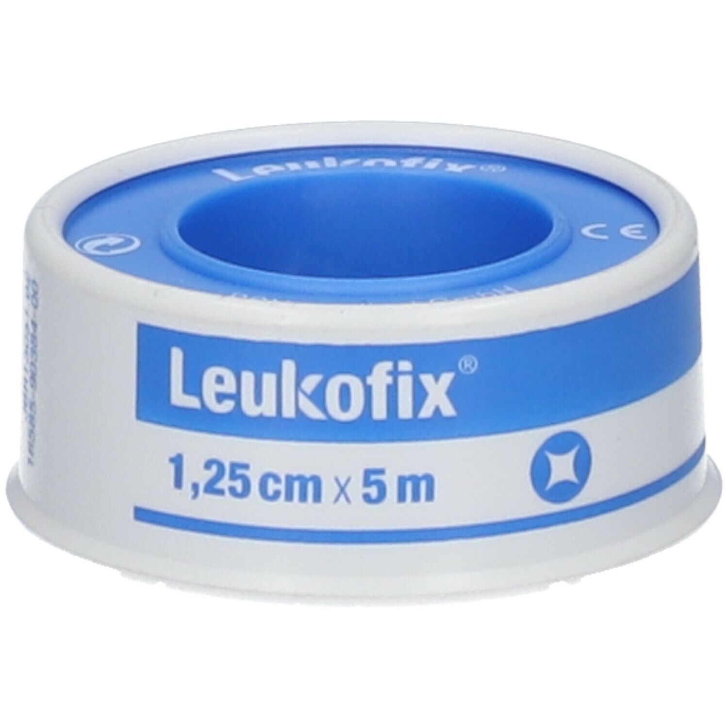Rouleau de sparadrap Leukofix® bleu et blanc, 1,25 cm x 5 m. Inscription Leukofix®. Marquage CE.
