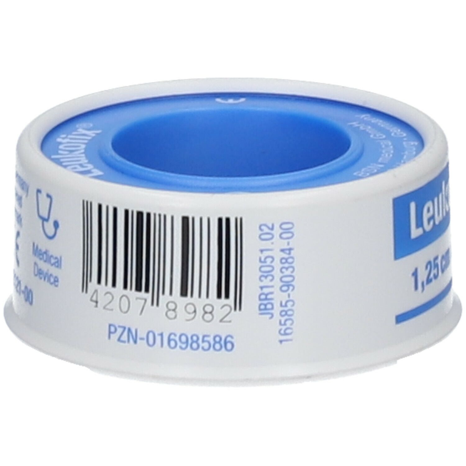 Sparadrap Leukofix® bleu et blanc. Code-barres, PZN-01698586. Inscription Leukofix®. Marquage CE.