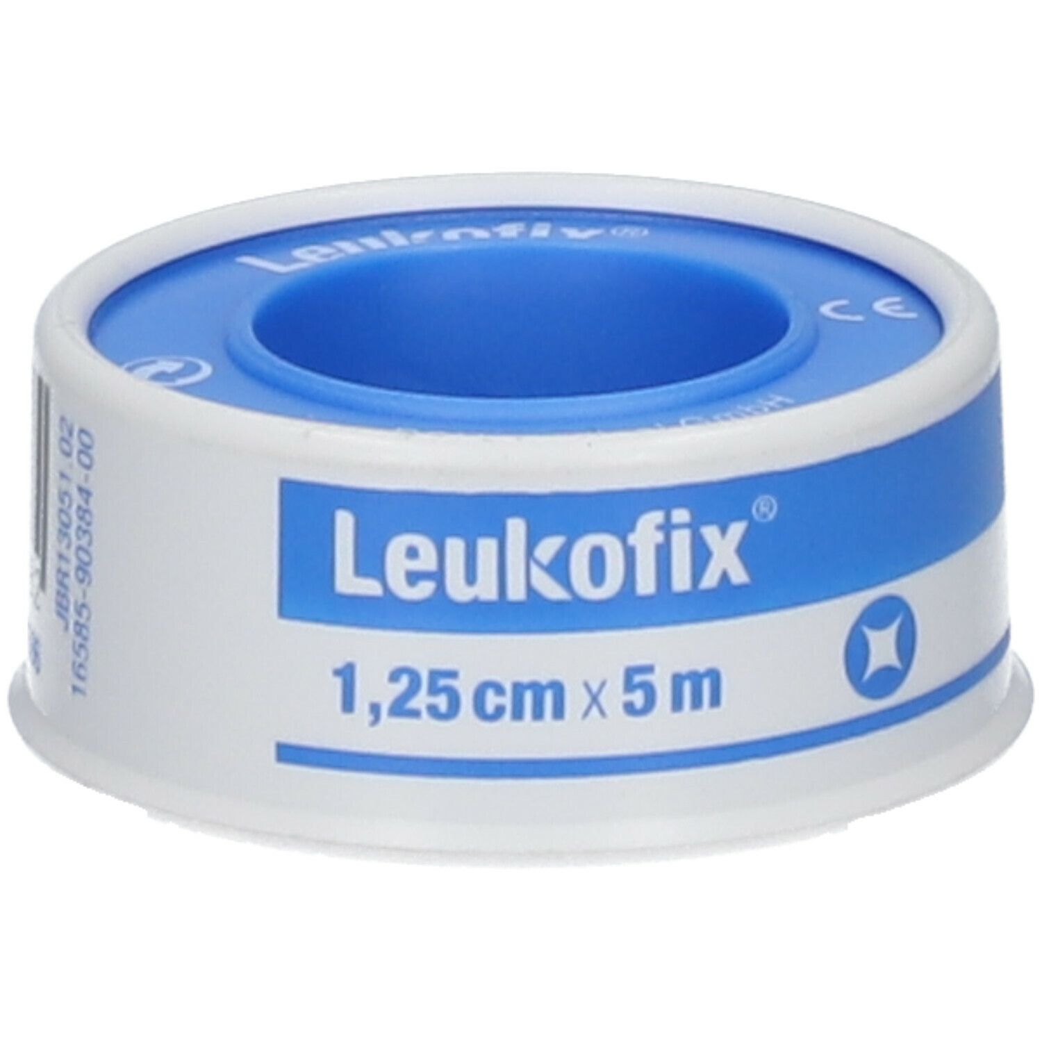 Rouleau de sparadrap Leukofix® bleu et blanc, 1,25 cm x 5 m. Inscription Leukofix®. Marquage CE.