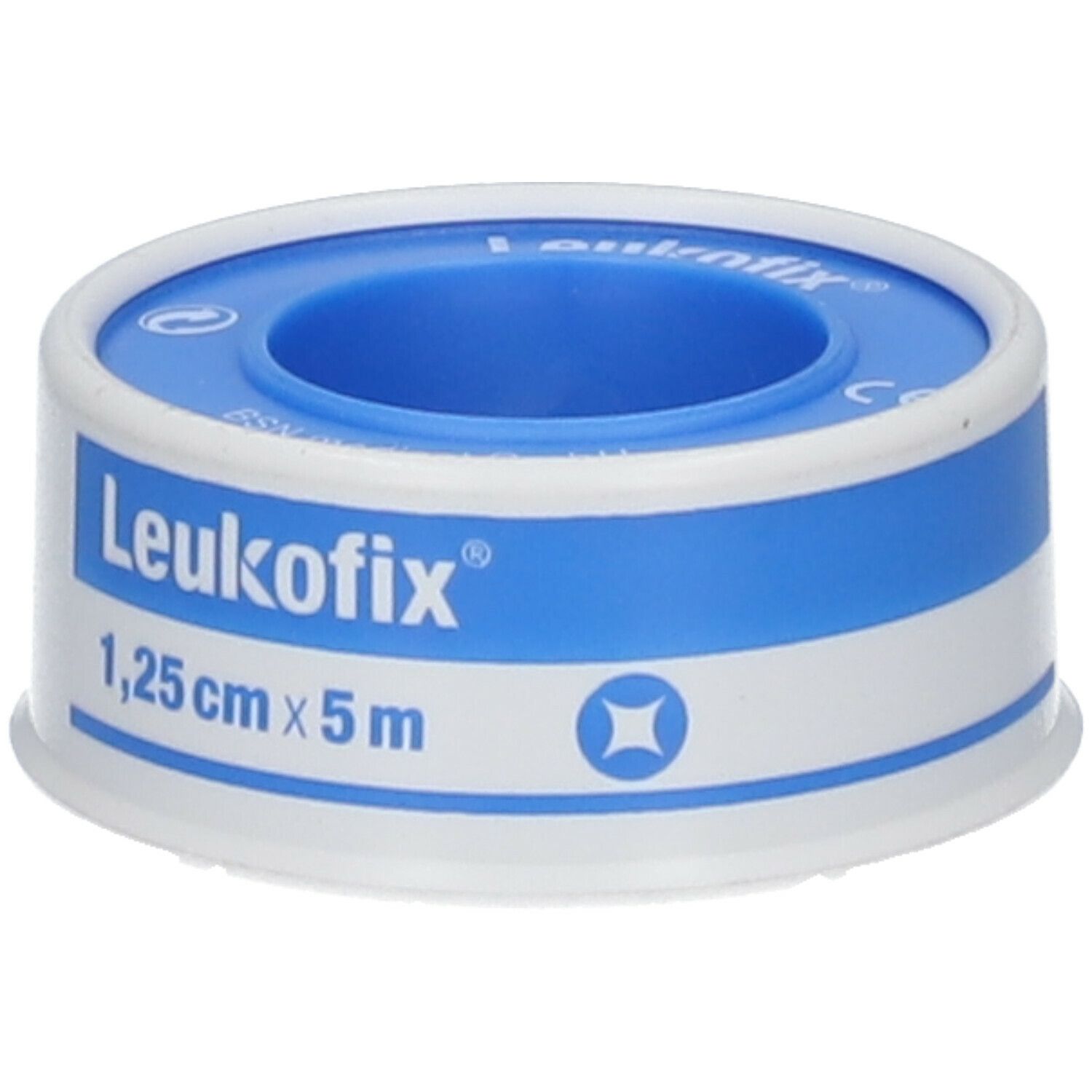 Rouleau de sparadrap Leukofix® bleu et blanc, 1,25 cm x 5 m. Inscription Leukofix®. Marquage CE.