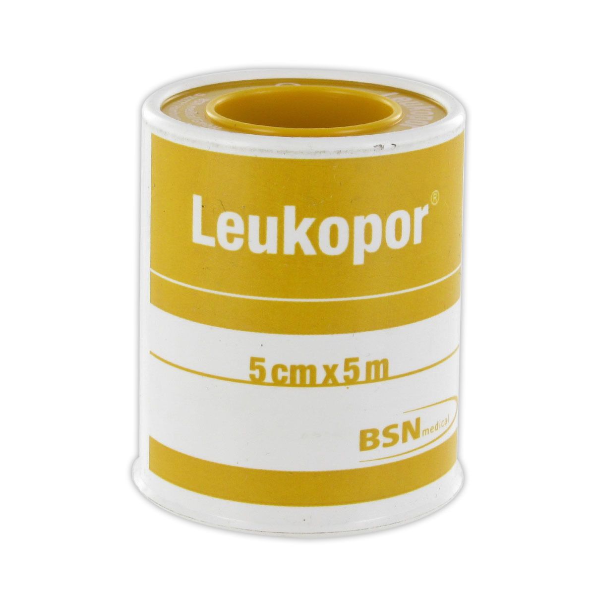 Rouleau de pansement adhésif Leukopor, 5 cm x 5 m. Emballage blanc et jaune. Nom et taille du produit visibles.