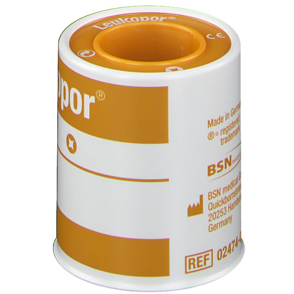 Rouleau de pansement adhésif Leukopor. Emballage blanc et orange. Informations produit et marquage CE.