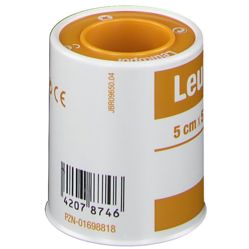 Rouleau de pansement adhésif Leukopor. Emballage blanc et orange. Code-barres et informations produit.