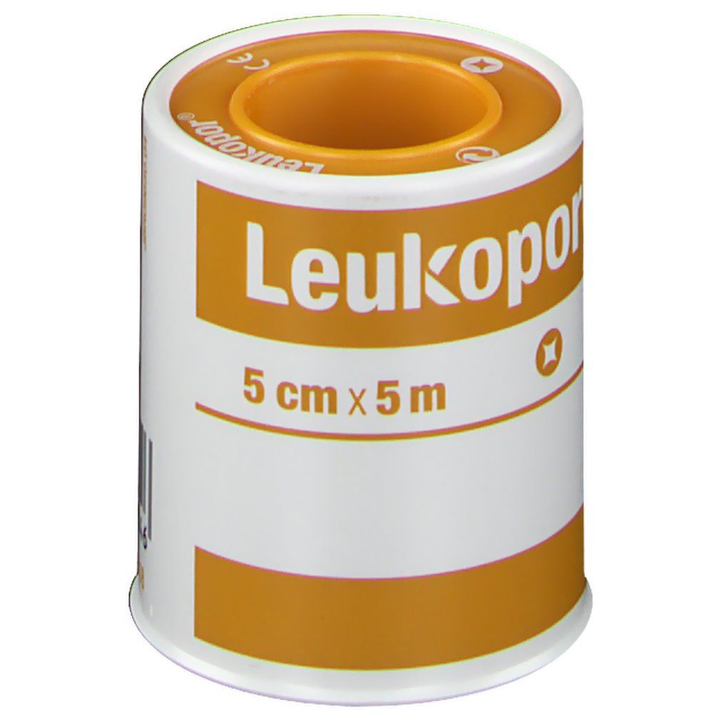 Rouleau de pansement adhésif Leukopor, 5 cm x 5 m. Emballage blanc et orange. Nom et taille du produit.