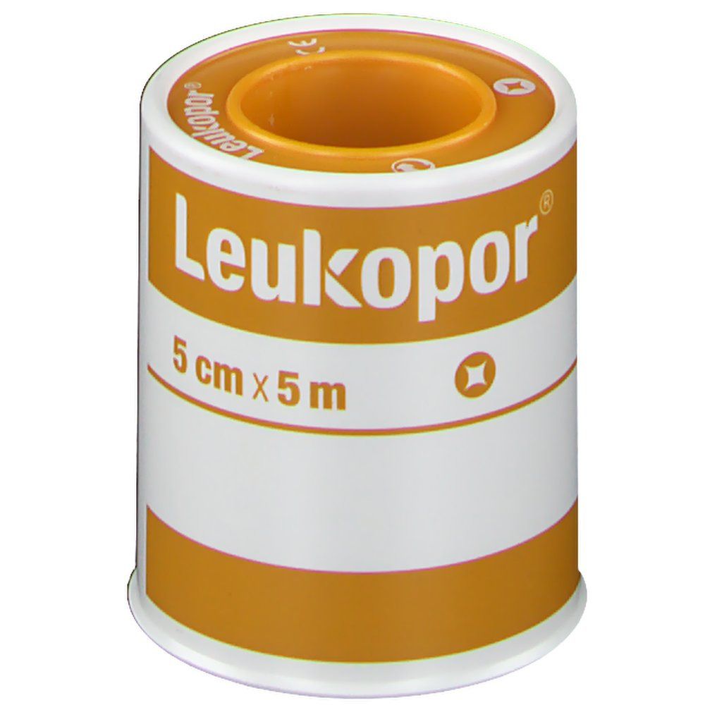 Rouleau de pansement adhésif Leukopor, 5 cm x 5 m. Emballage blanc et orange. Nom et taille du produit.