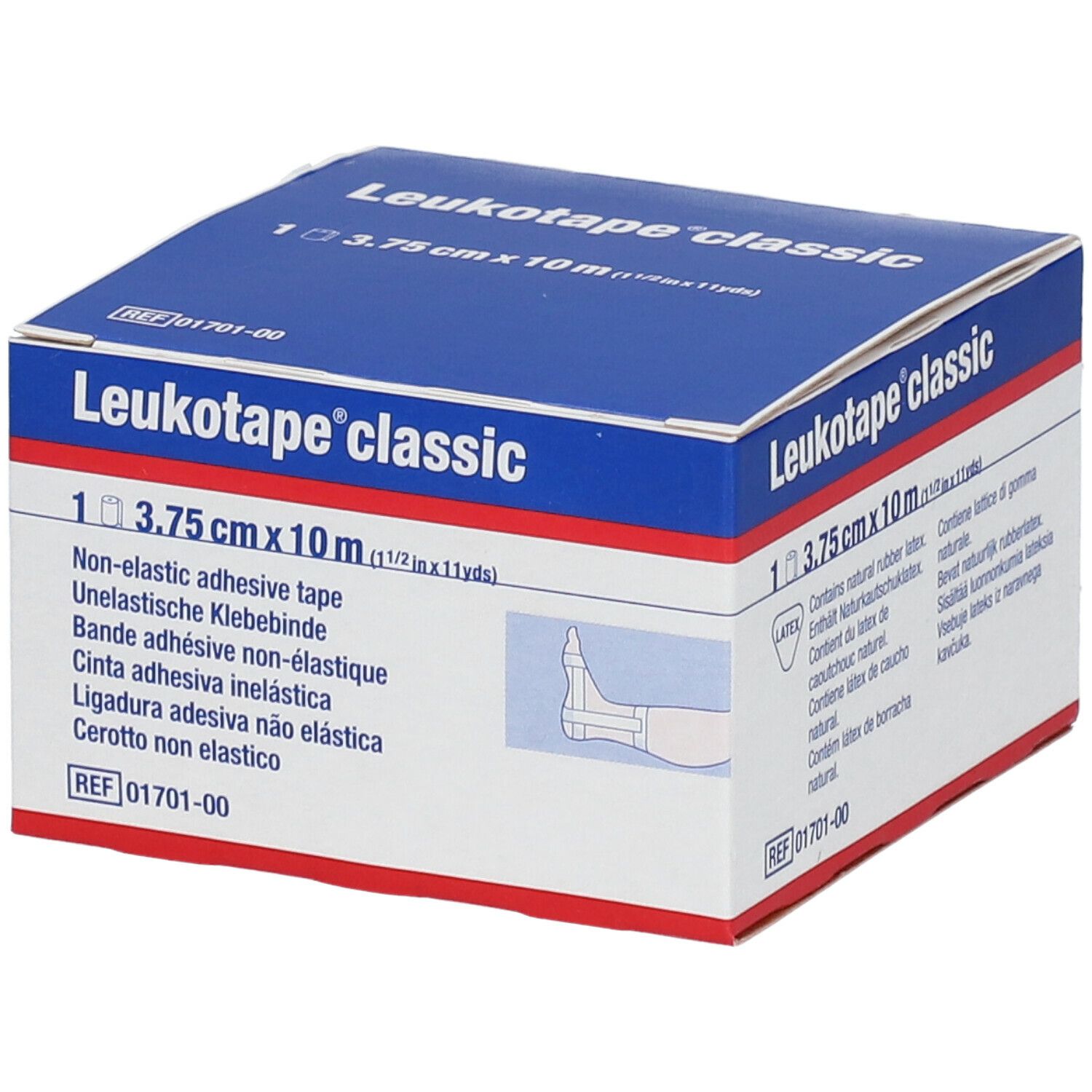 Doos Leukotape® classic. Bevat 1 rol, 3,75 cm x 10 m. Opschrift: Non-elastic adhesive tape. Afbeelding van een voet.