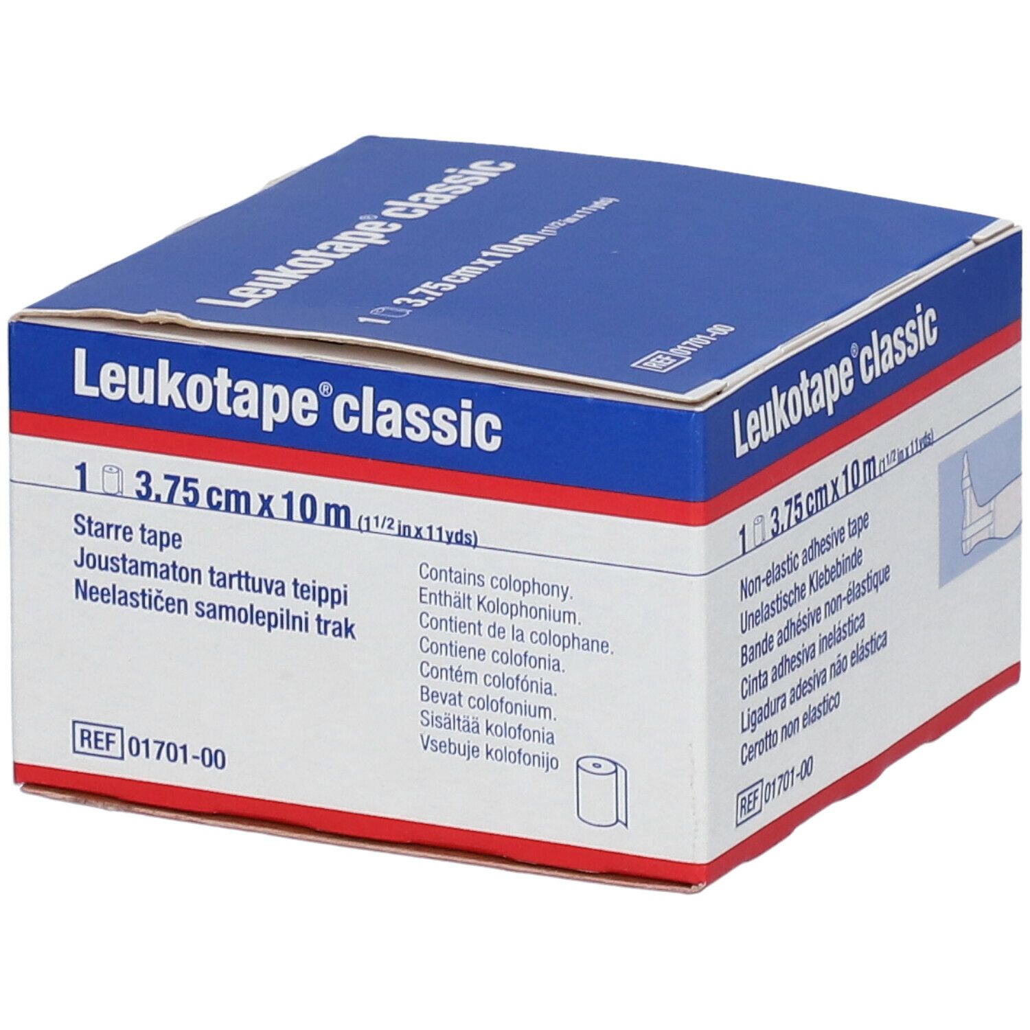 Doos Leukotape® classic. Bevat 1 rol, 3,75 cm x 10 m. Bevat colofonium. Afbeelding van een rol.
