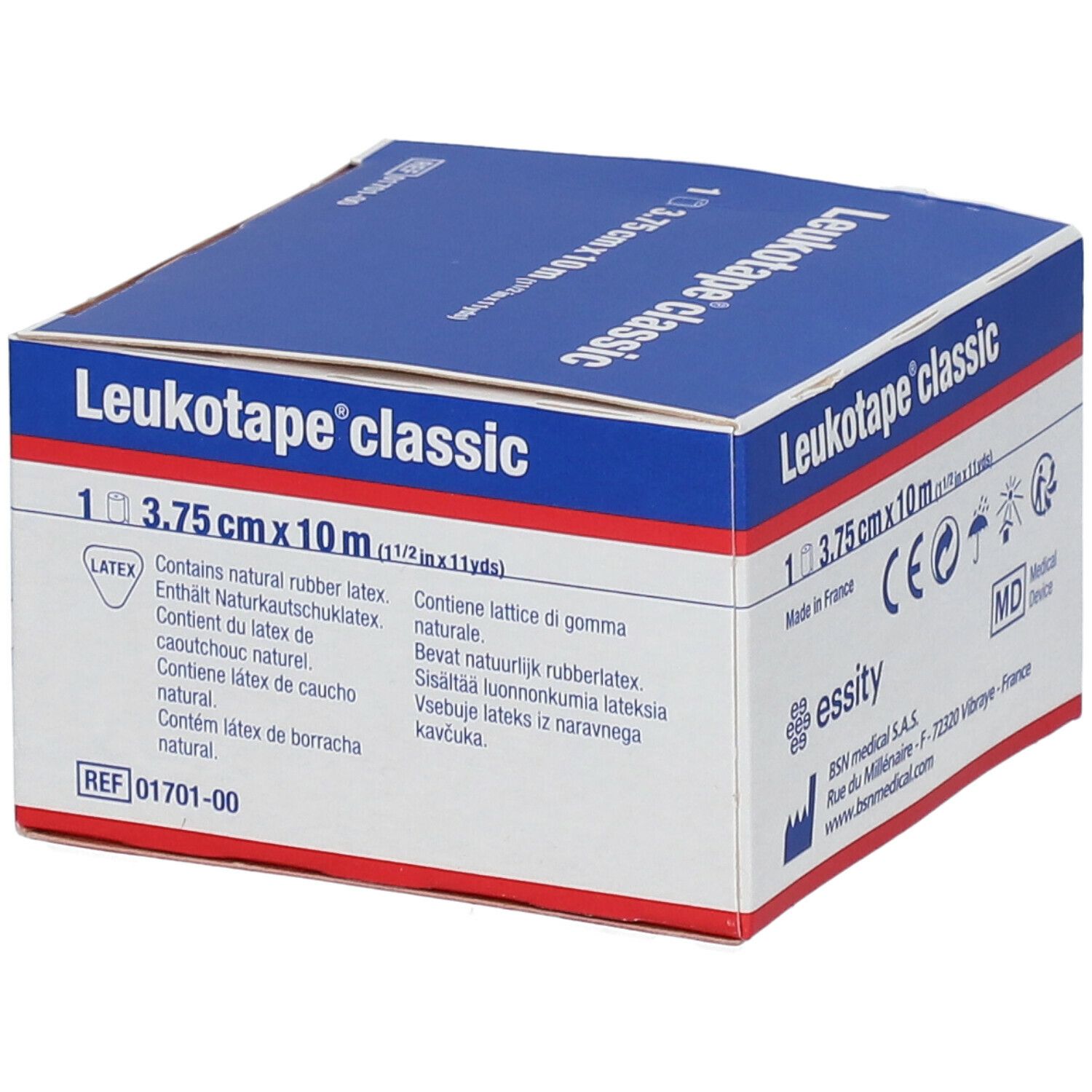 Doos Leukotape® classic. Bevat 1 rol, 3,75 cm x 10 m. Bevat natuurlijk latex. CE-markering en MD-symbool.