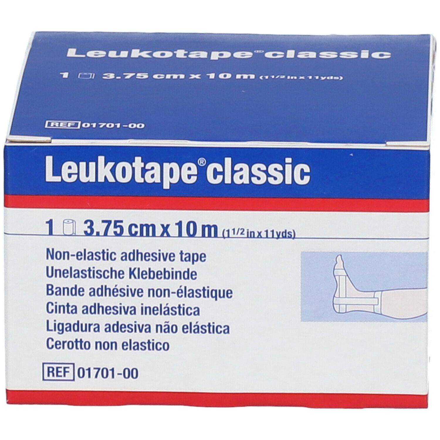 Doos Leukotape® classic. Bevat 1 rol, 3,75 cm x 10 m. Opschrift: Non-elastic adhesive tape. Afbeelding van een voet.