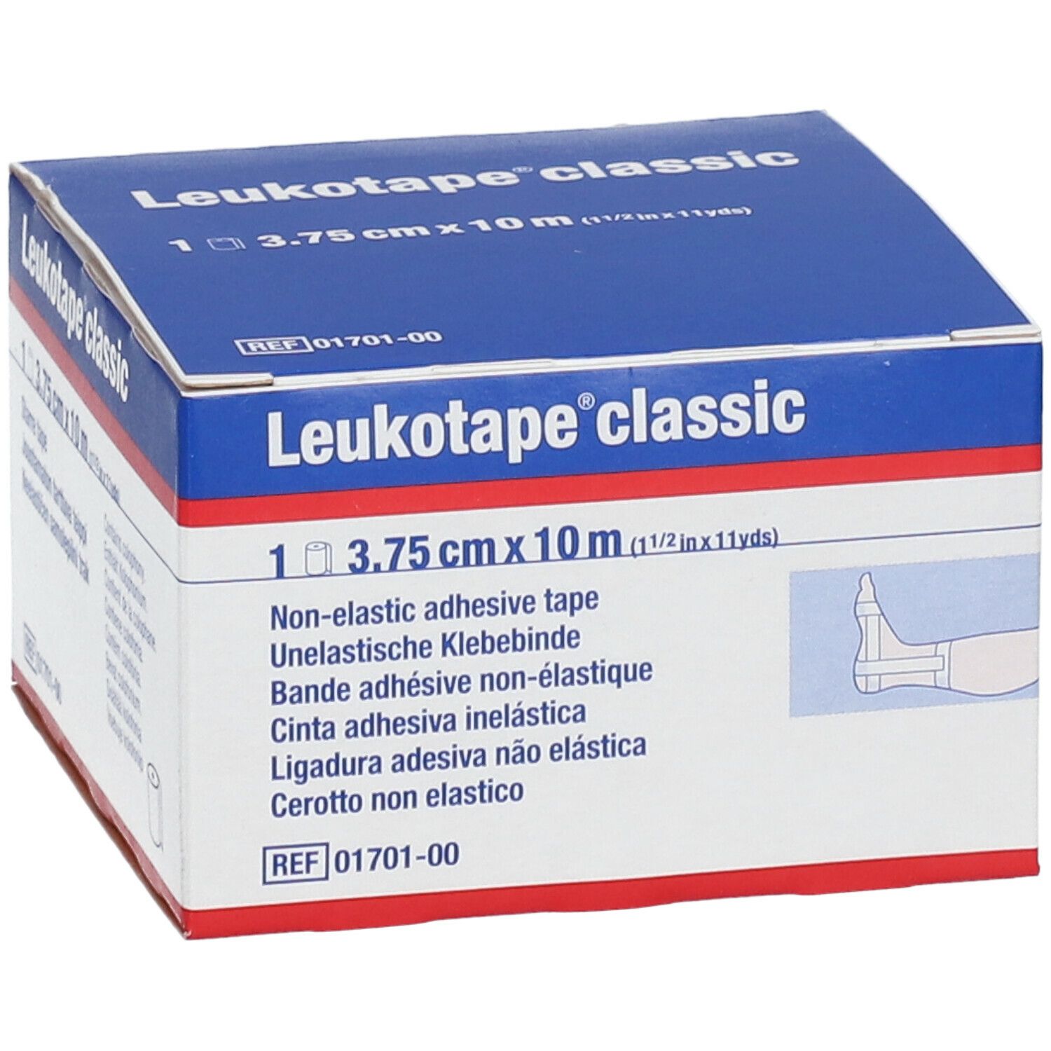 Doos Leukotape® classic. Bevat 1 rol, 3,75 cm x 10 m. Opschrift: Non-elastic adhesive tape. Afbeelding van een voet.