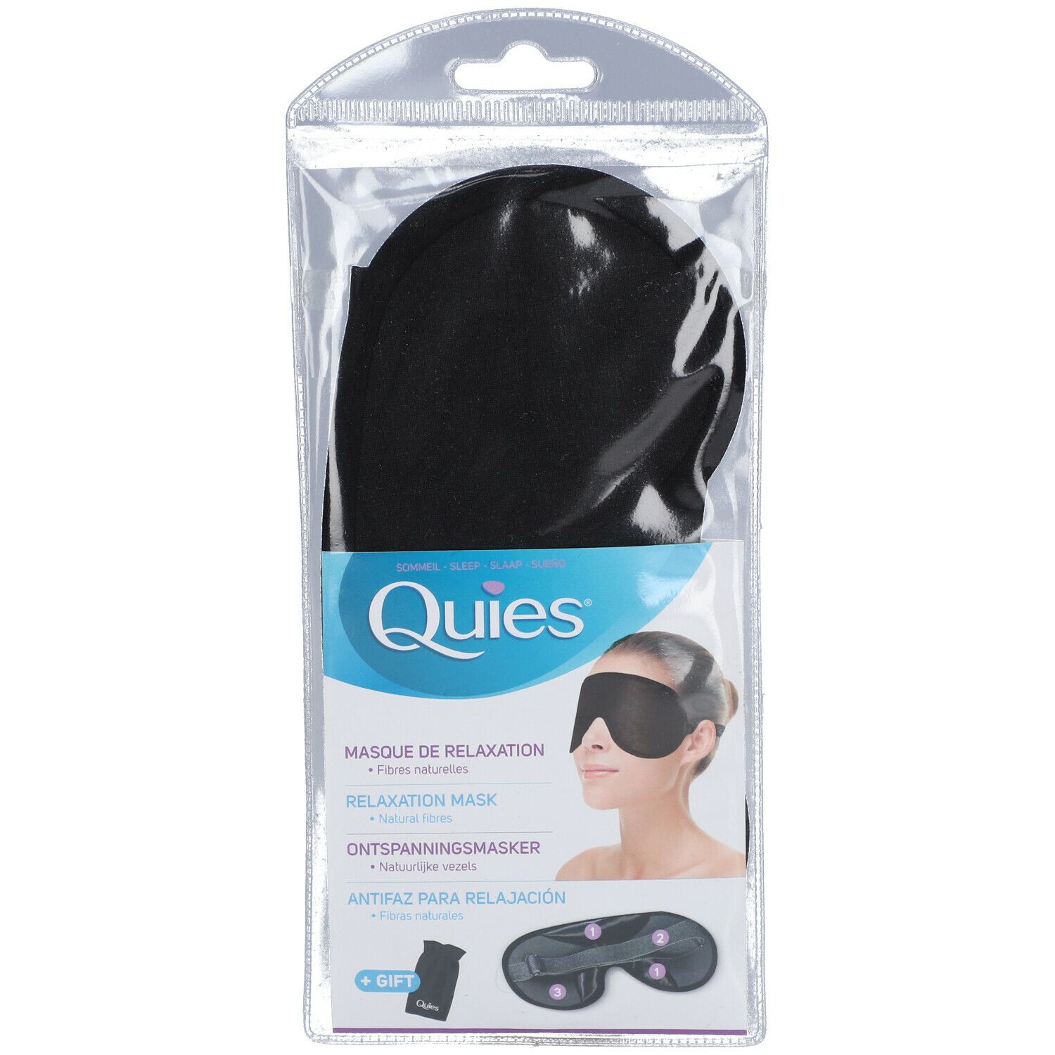 Masque de relaxation noir Quies dans un emballage transparent. Texte: Masque de Relaxation, Entspanningsmasker, Antifaz para Relajación.