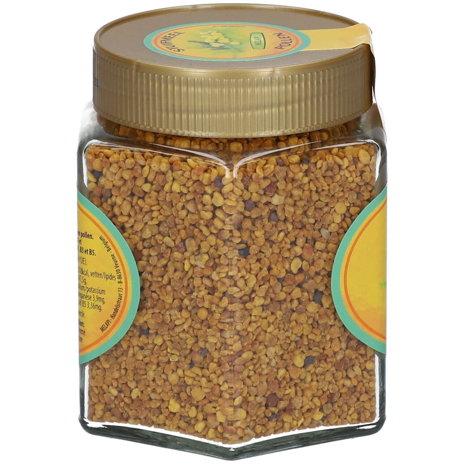 Glas mit Blütenpollen. Rückseite mit Produktinformationen und Barcode.