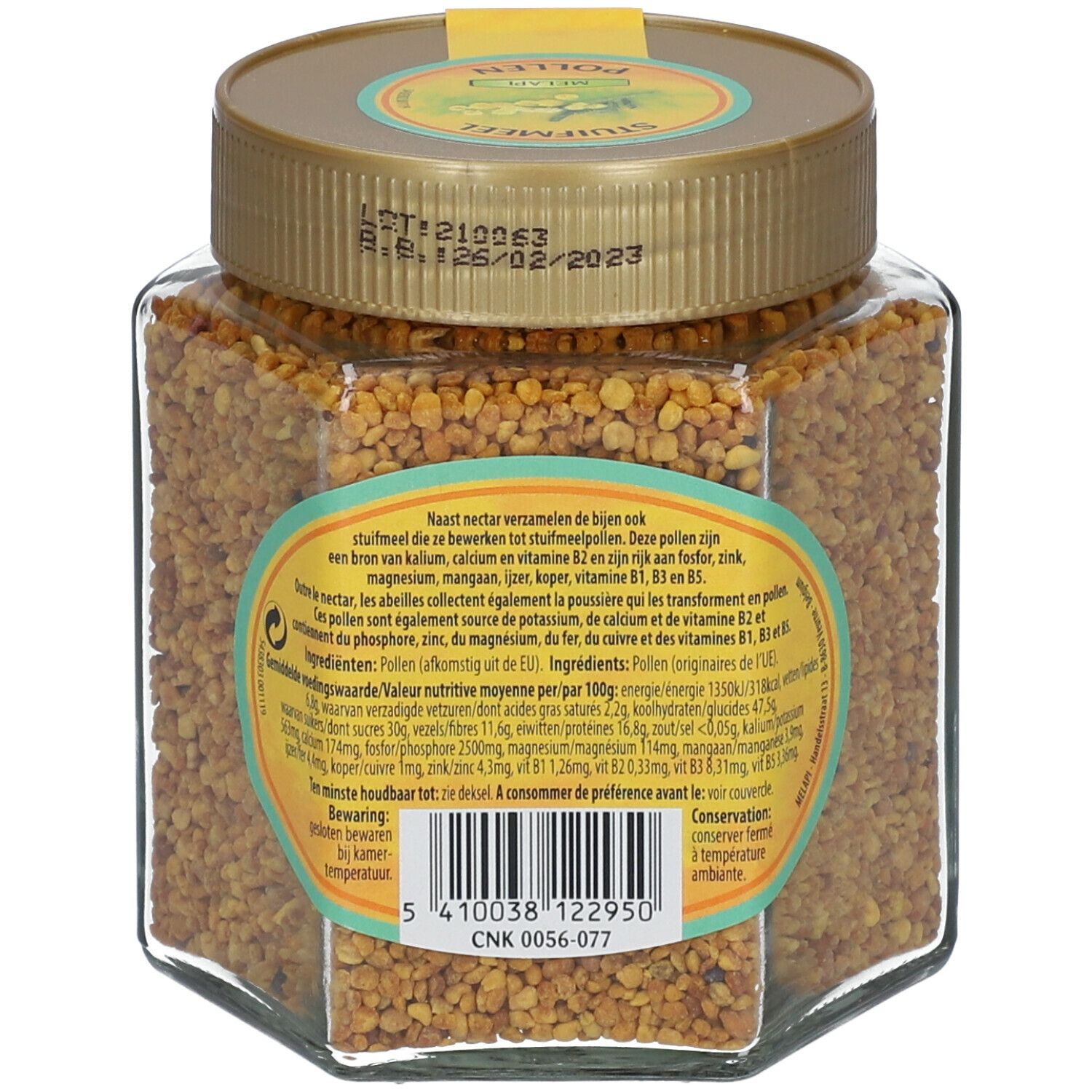 Glas mit Blütenpollen. Rückseite mit Produktinformationen, Barcode und Mindesthaltbarkeitsdatum.