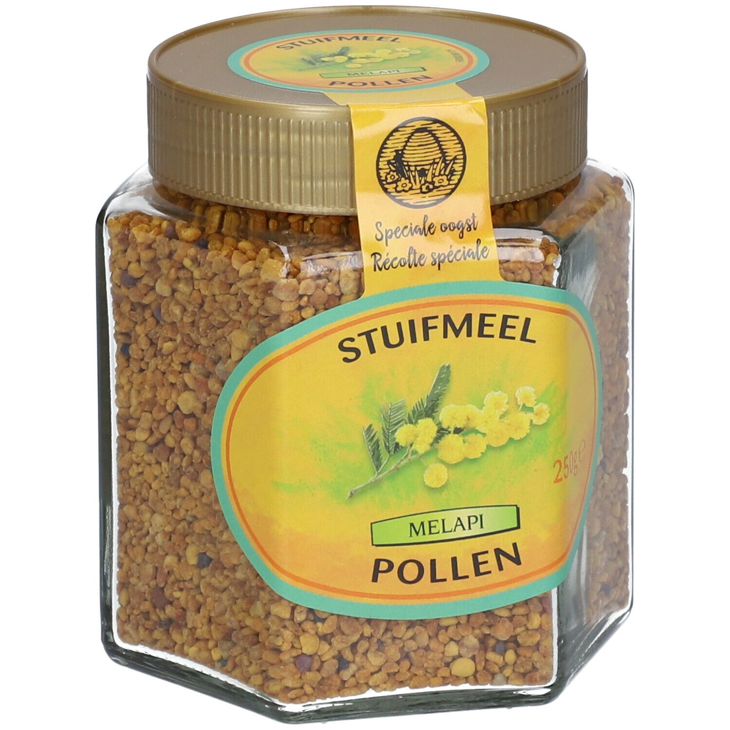 Glas mit Blütenpollen. Aufkleber mit "STUIFMEEL", "MELAPI POLLEN" und "250ge".