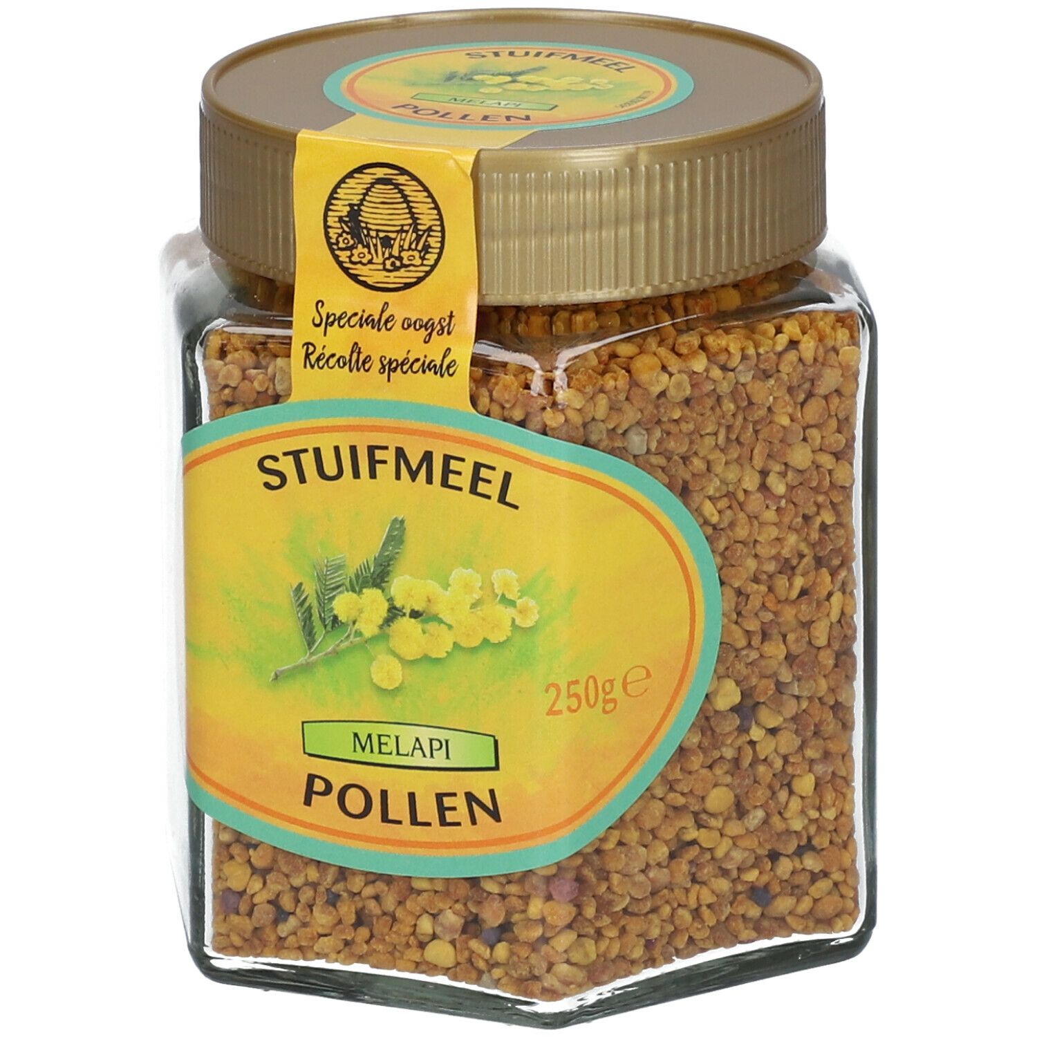 Glas mit Blütenpollen. Aufkleber mit "STUIFMEEL", "MELAPI POLLEN" und "250ge".