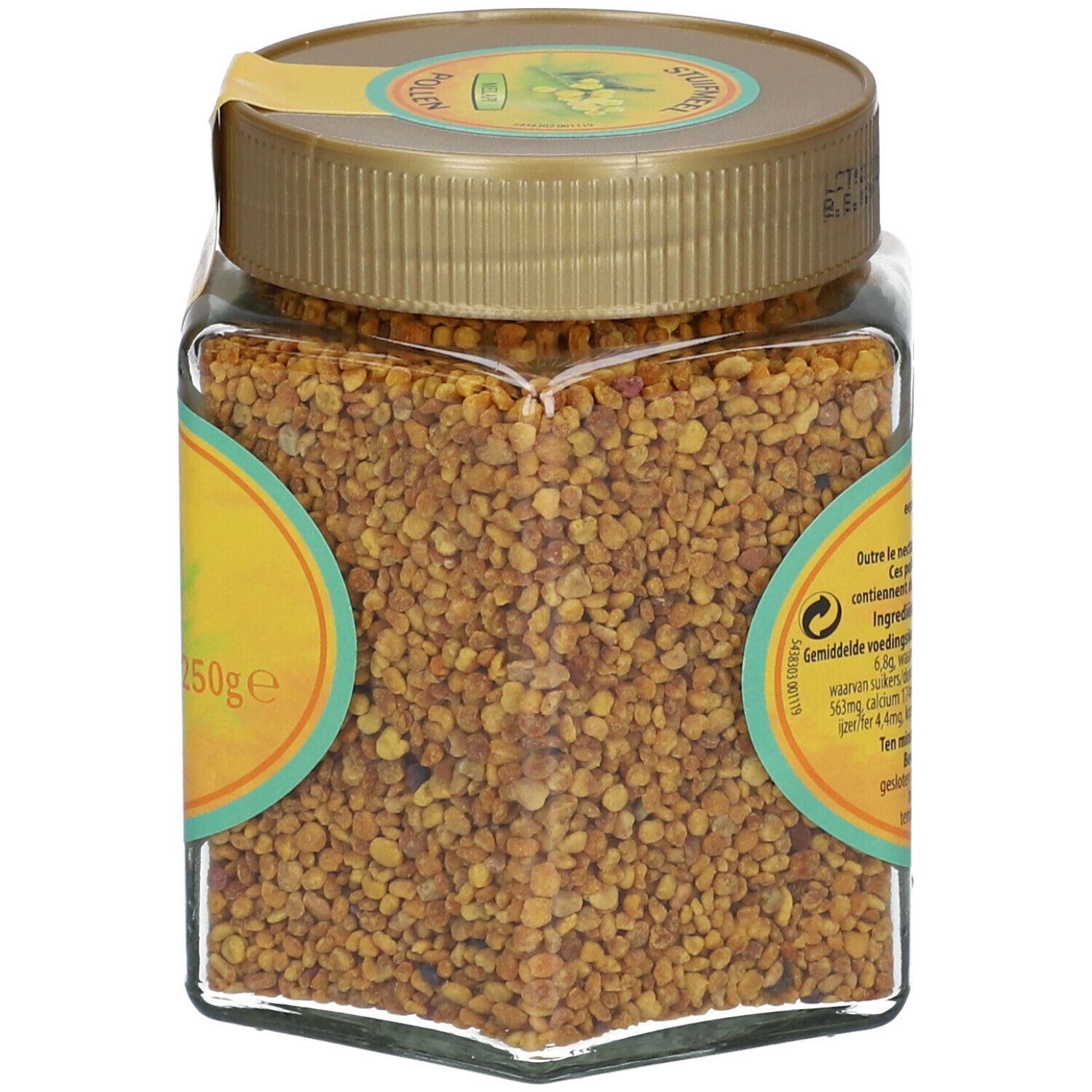 Glas mit Blütenpollen. Rückseite mit Produktinformationen und "250ge".