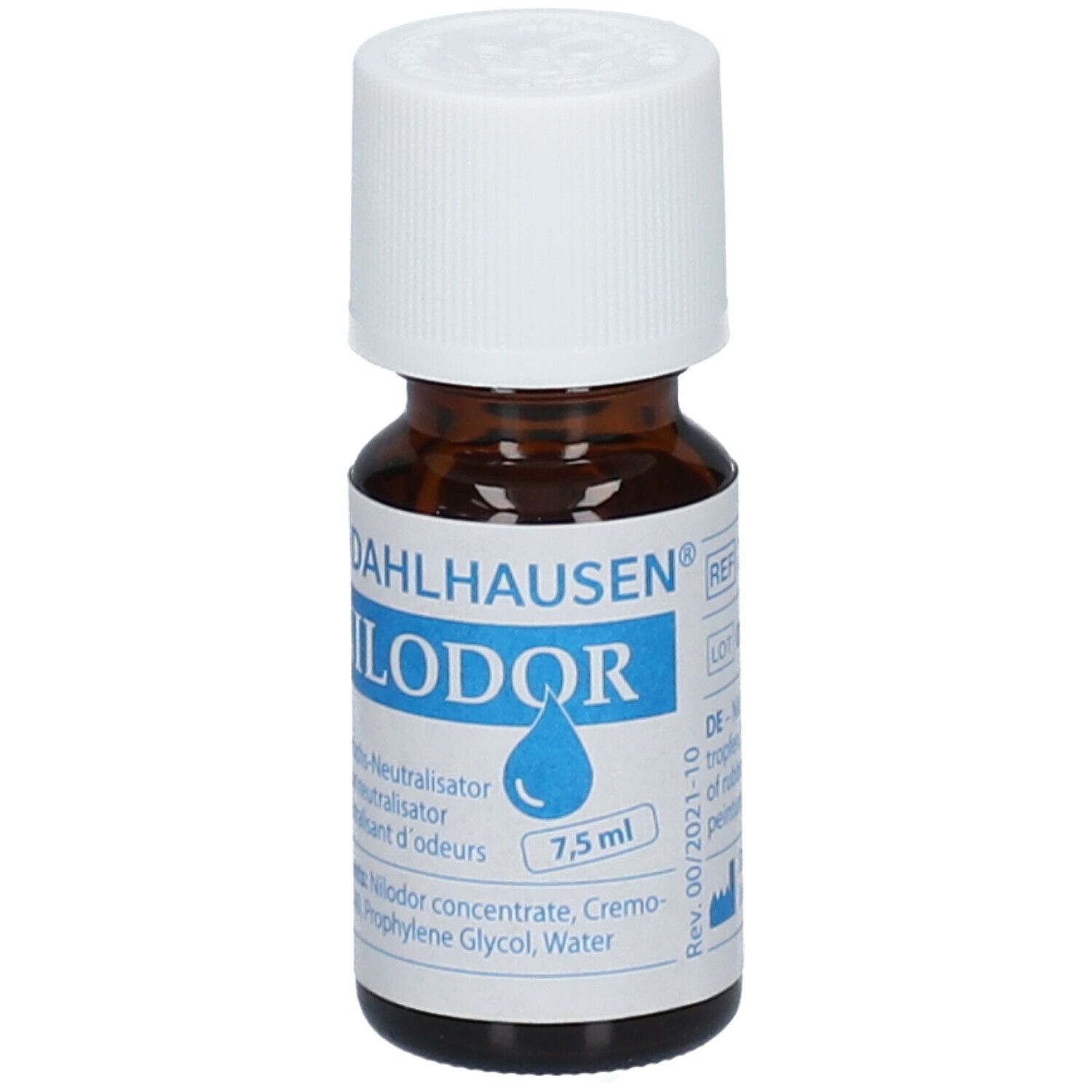 Flacon en verre brun avec bouchon blanc. Inscription: Nilodor, 7,5 ml. Fabricant: Dahlhausen. Symbole de goutte.