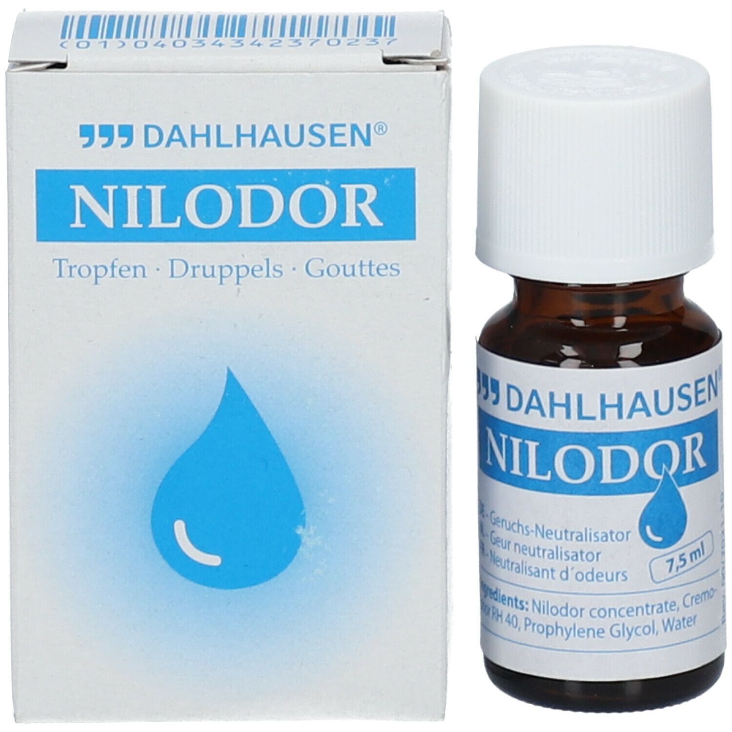 Flacon en verre brun avec bouchon blanc et boîte. Inscription: Nilodor, gouttes. Fabricant: Dahlhausen. 7,5 ml.