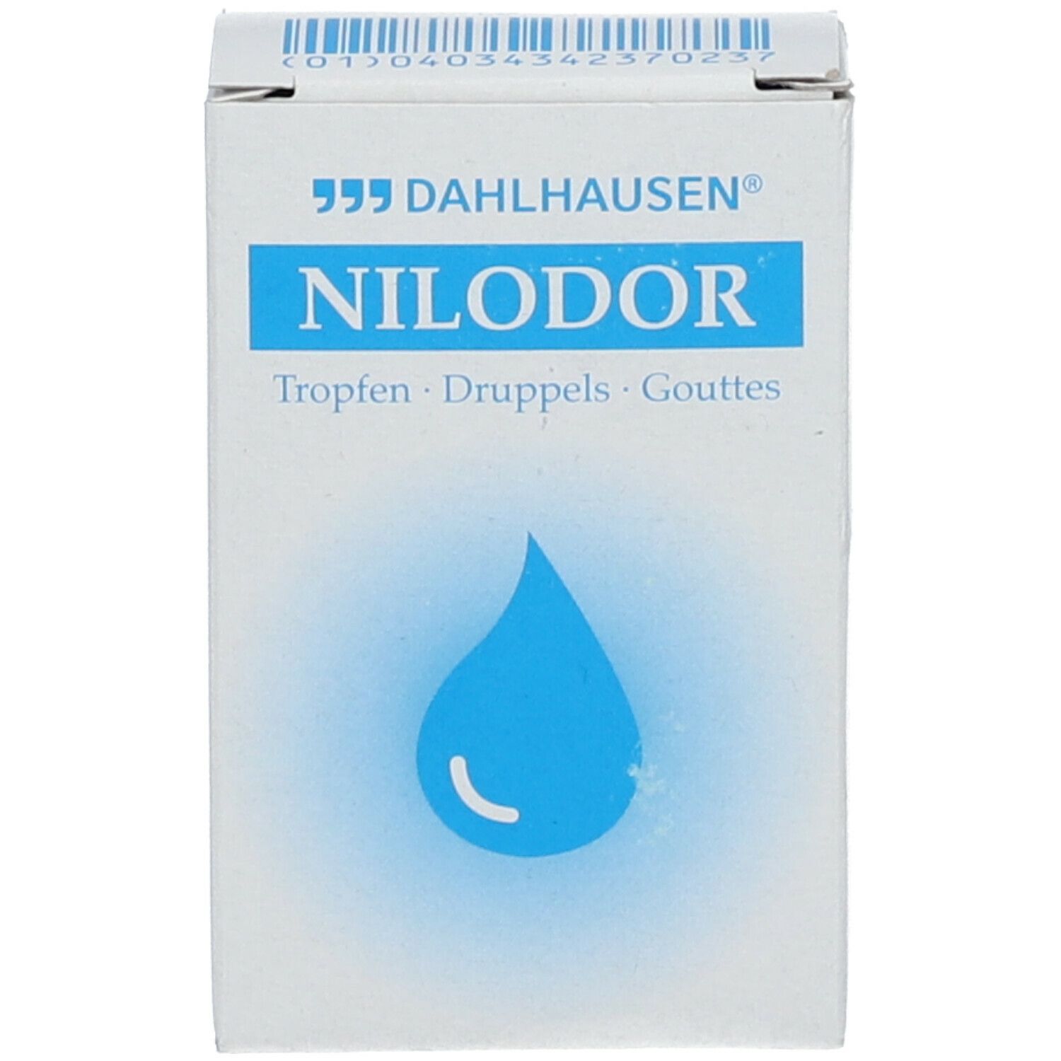 Emballage en carton blanc. Inscription: Nilodor, gouttes. Fabricant: Dahlhausen. Symbole de goutte.