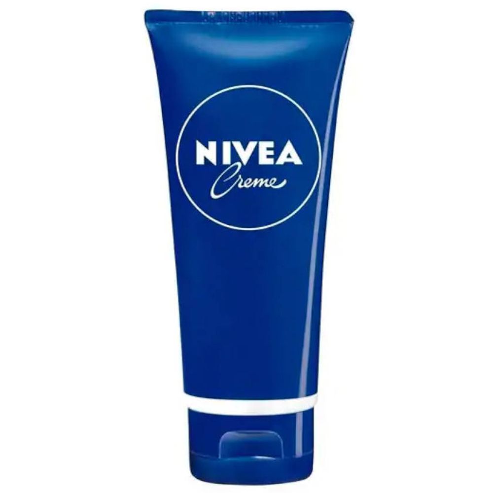 Blauwe tube met NIVEA Creme logo. Witte cirkel met tekst. Tube met schroefdop.