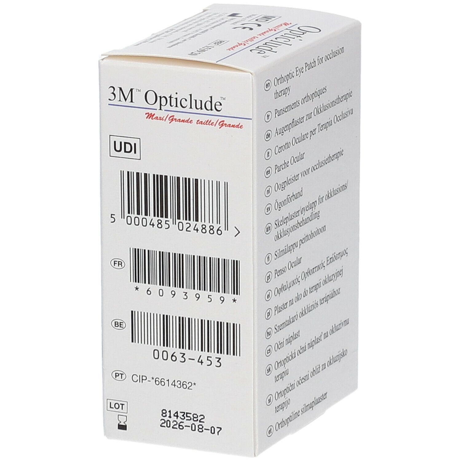 Boîte 3M Opticlude, vue latérale. Code-barres, numéro de lot et date de péremption. Contient des pansements oculaires.