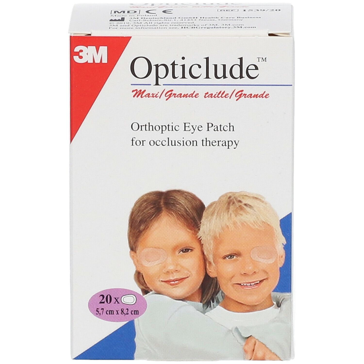 Boîte de 3M Opticlude. Contient 20 pansements oculaires, 5,7 x 8,2 cm. Enfants avec pansements oculaires.