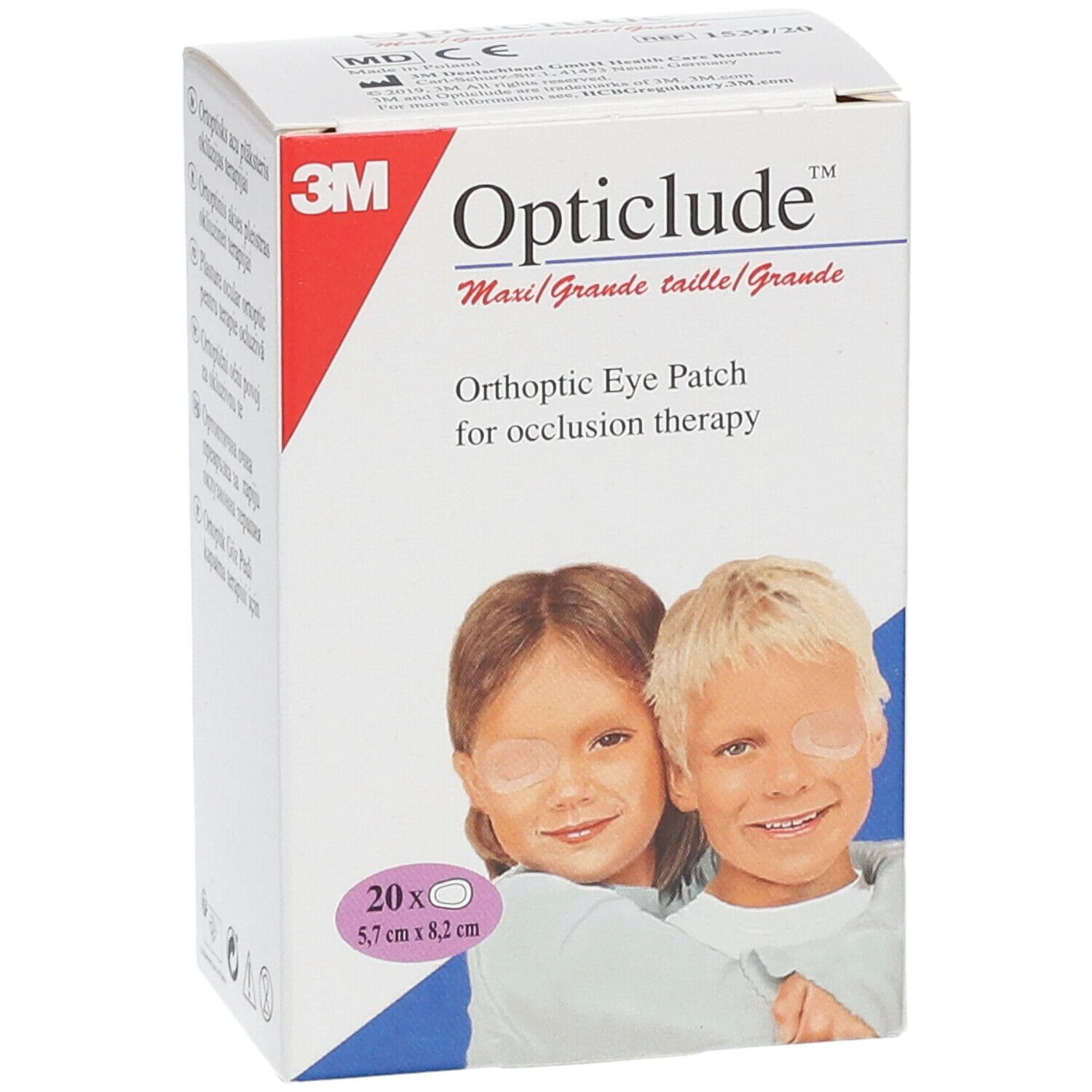 Boîte de 3M Opticlude. Contient 20 pansements oculaires, 5,7 x 8,2 cm. Enfants avec pansements oculaires.