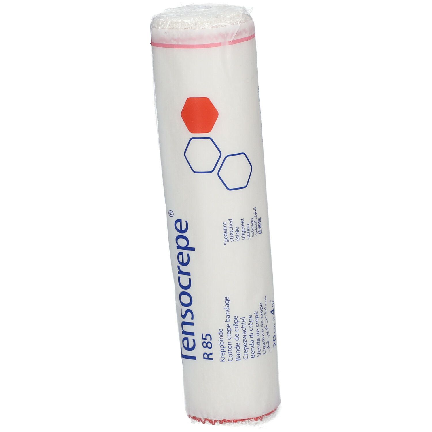 Gerolde bandage in folie. Opdruk: Tensocrepe R85, logo, maatvoering. Rode en blauwe opdruk.