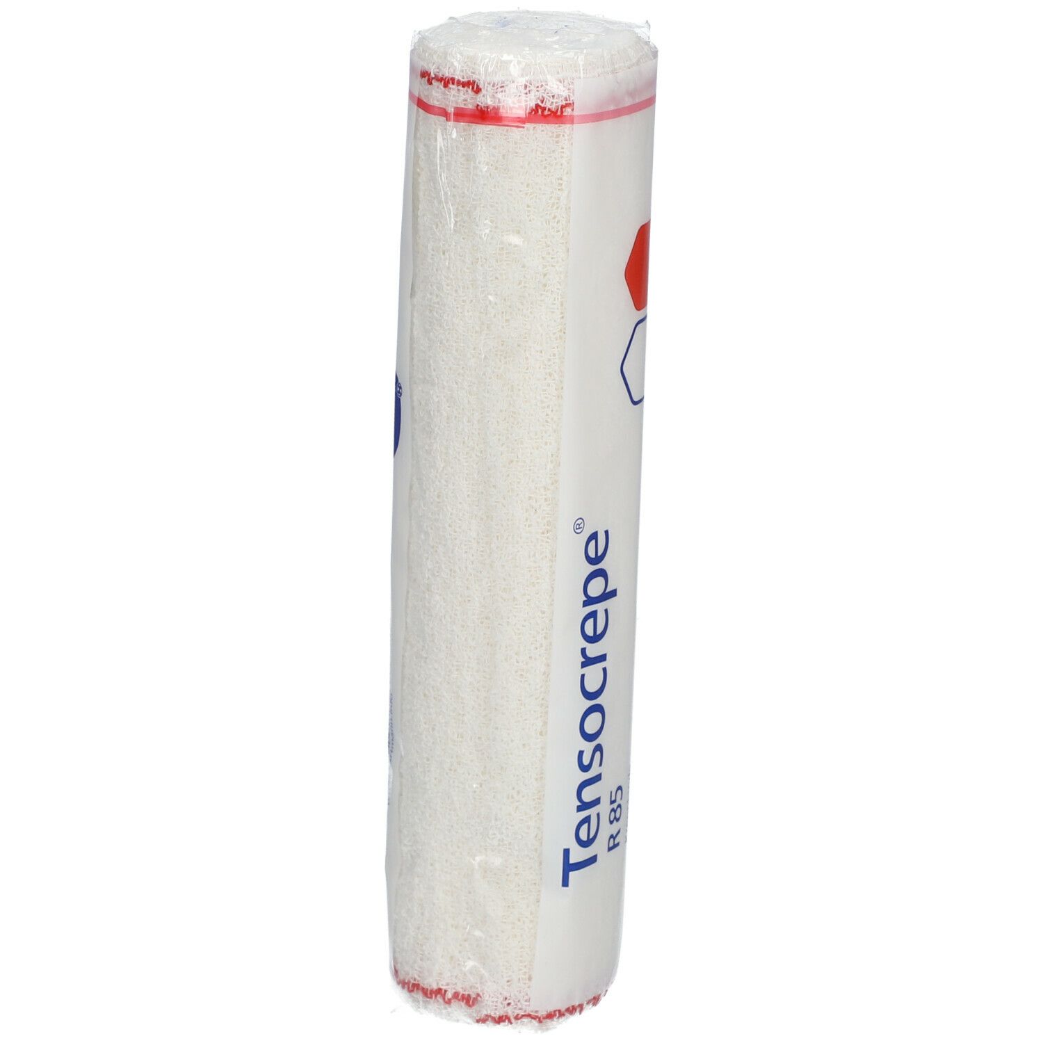 Gerolde bandage in folie. Opdruk: Tensocrepe R85, logo. Wit verbandmateriaal met rode rand.