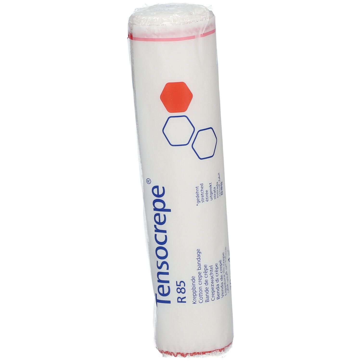 Gerolde bandage in folie. Opdruk: Tensocrepe R85, logo, maatvoering. Rode en blauwe opdruk.