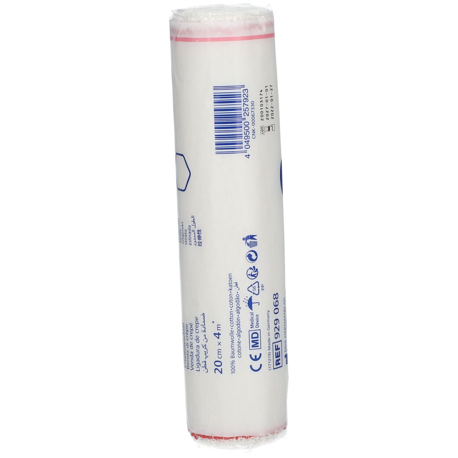 Gerolde bandage in folie. Opdruk: Tensocrepe R85, logo, maatvoering. Rode en blauwe opdruk. Afmeting: 20cm x 4m.