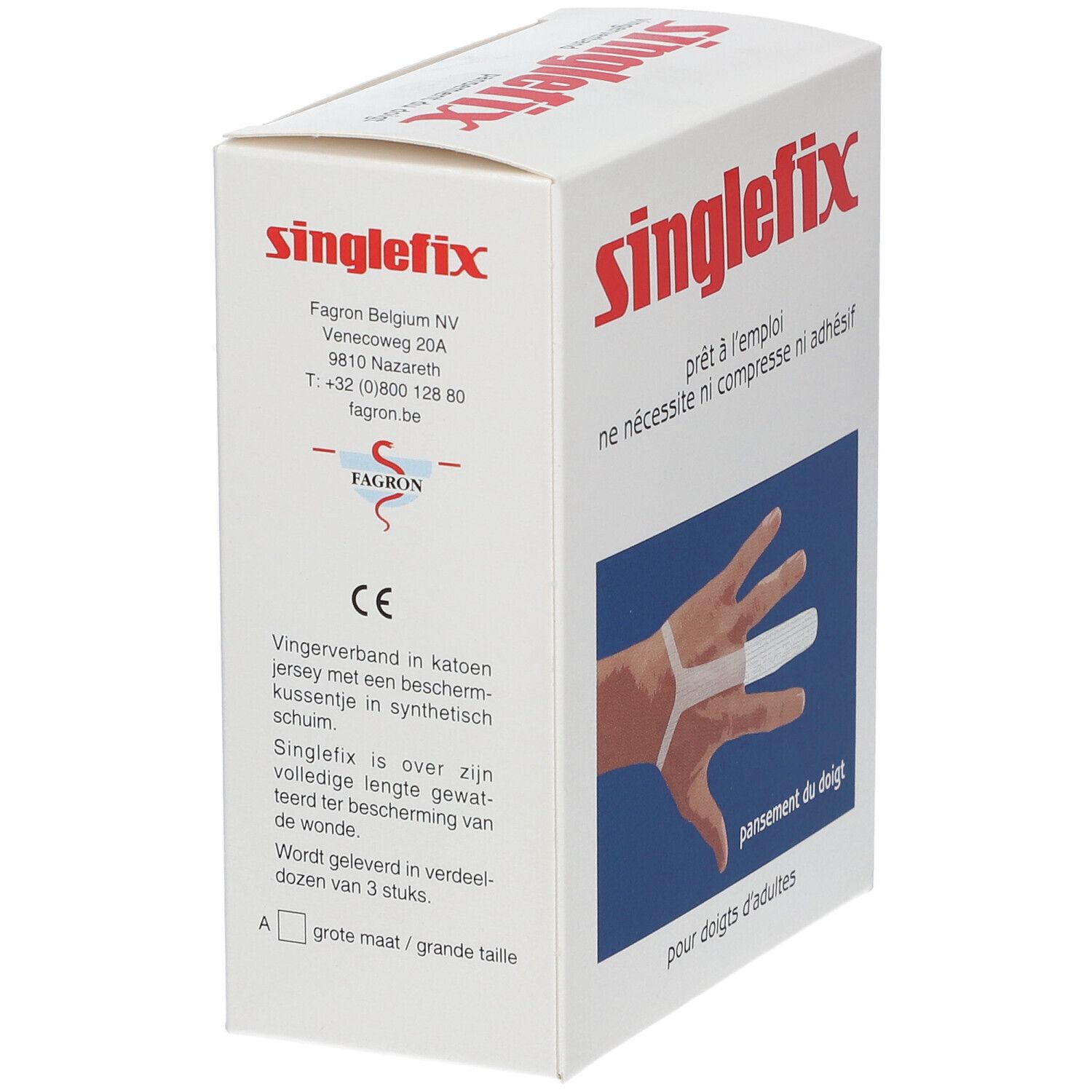 Boîte de Singlefix. Carton blanc avec texte rouge. Illustration: pansement de doigt. Texte: pansement du doigt en jersey de coton.