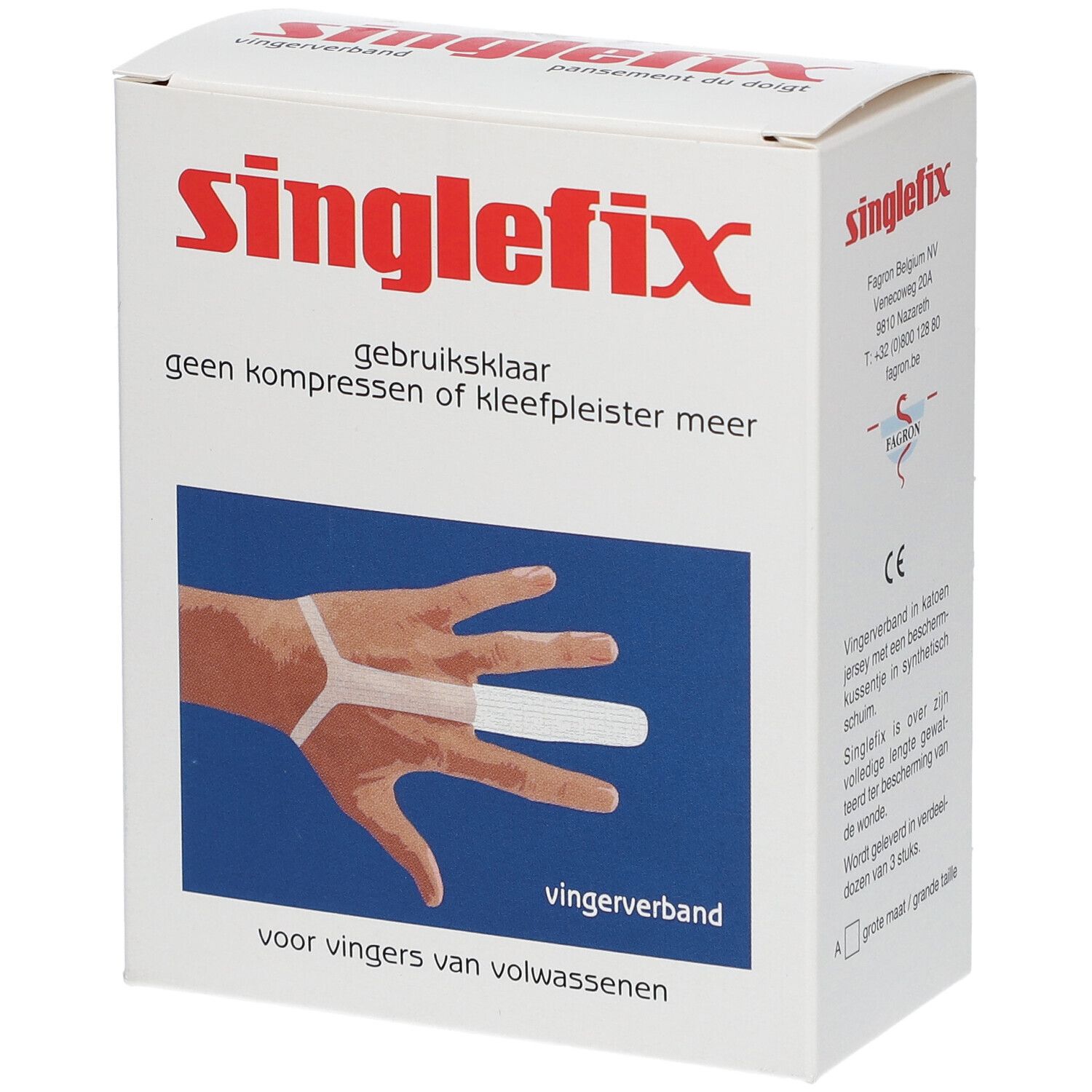 Boîte de Singlefix. Carton blanc avec texte rouge. Illustration: pansement de doigt. Texte: gebruiksklaar, vingerverband.