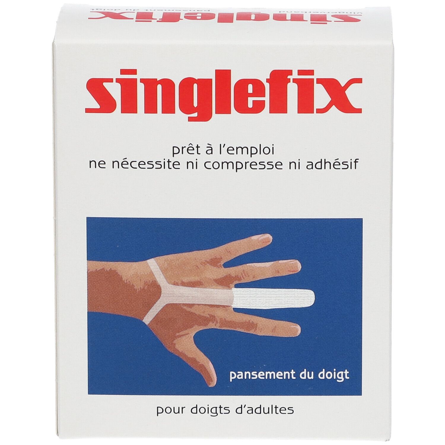 Boîte de Singlefix. Carton blanc avec texte rouge. Illustration: pansement de doigt. Texte: prêt à l'emploi, pansement du doigt.