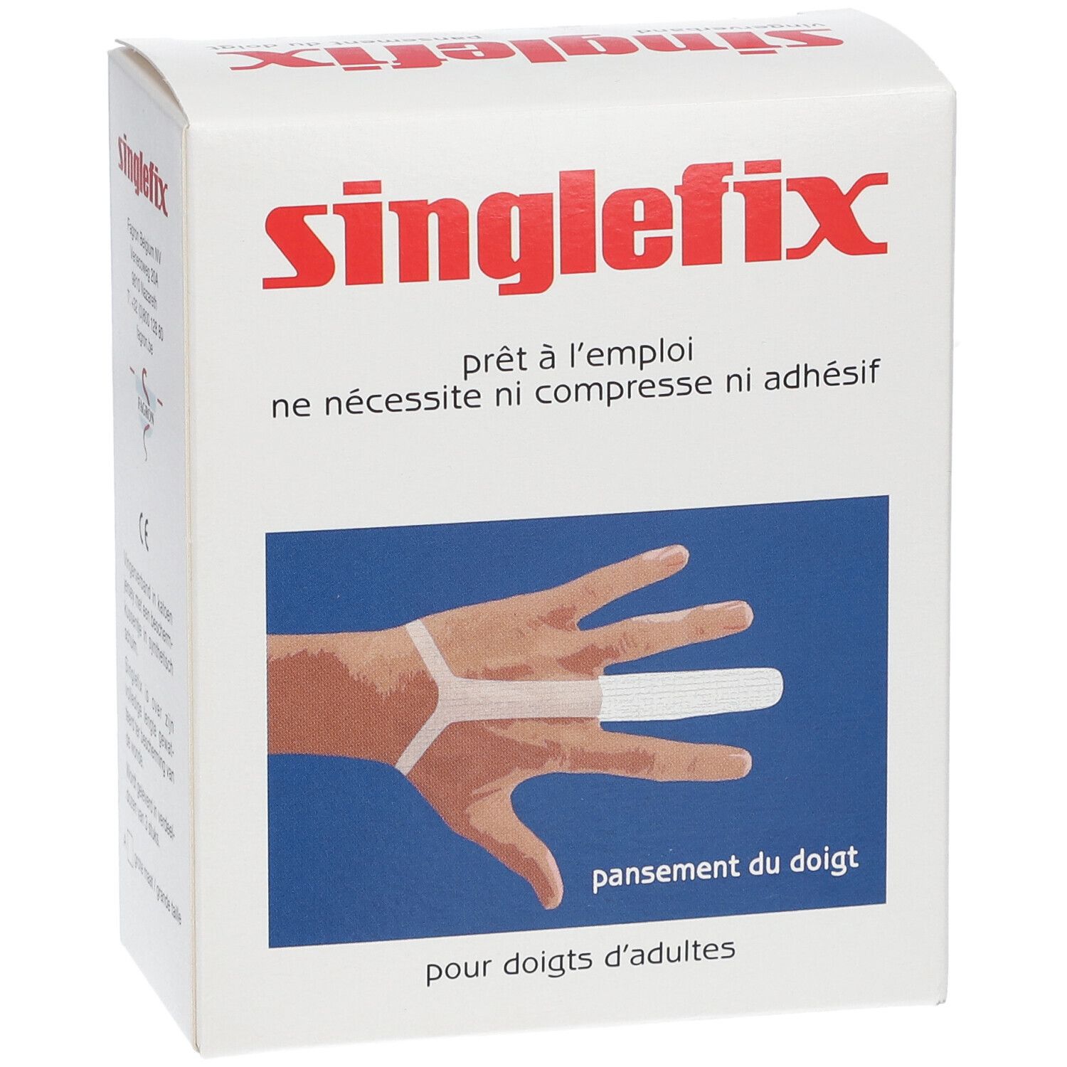 Boîte de Singlefix. Carton blanc avec texte rouge. Illustration: pansement de doigt. Texte: prêt à l'emploi, pansement du doigt.