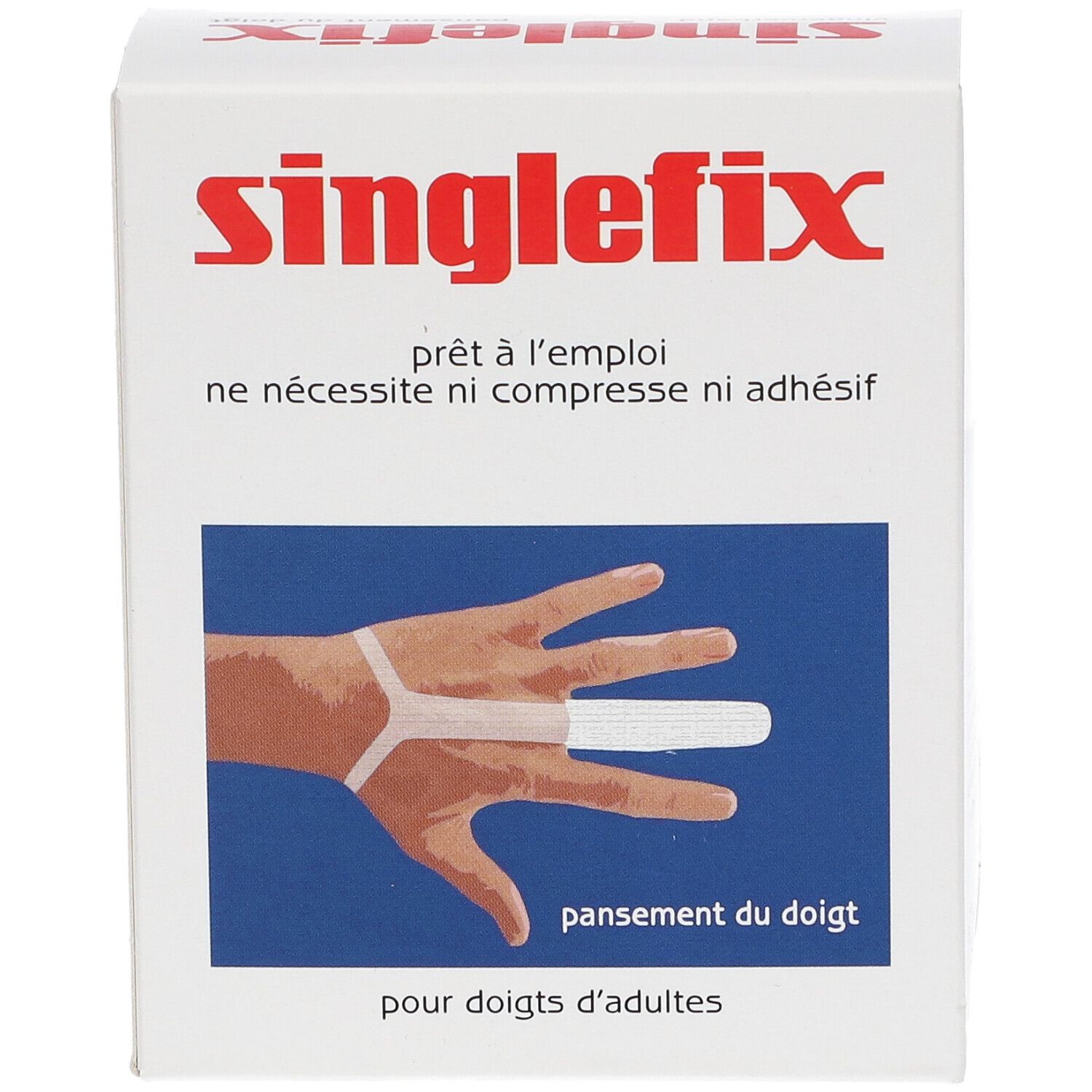 Boîte de Singlefix. Inscription "Singlefix", "prêt à l'emploi", illustration d'une main avec pansement doigt. Pour adultes.