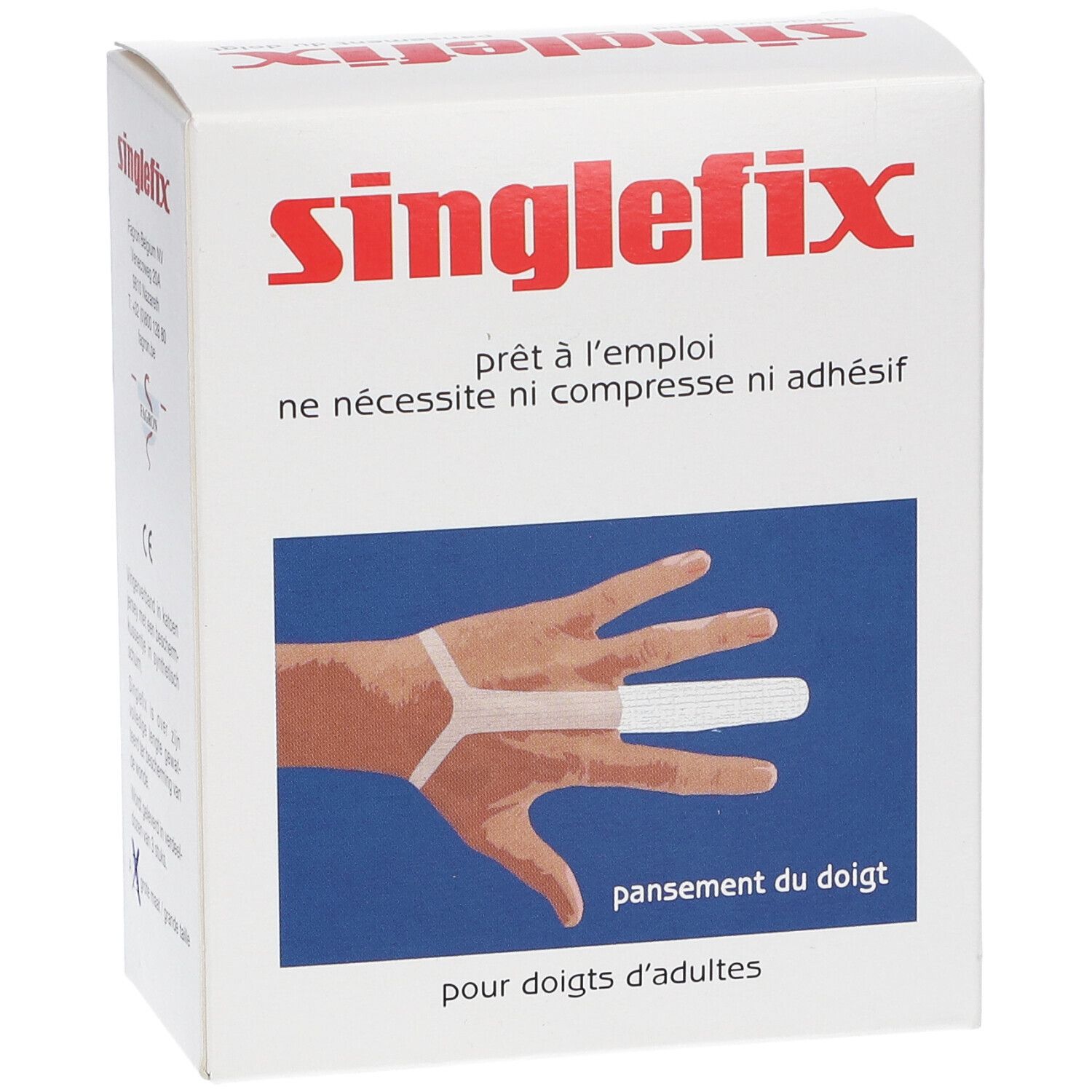 Boîte de Singlefix. Inscription "Singlefix", "prêt à l'emploi", illustration d'une main avec pansement doigt. Pour adultes.