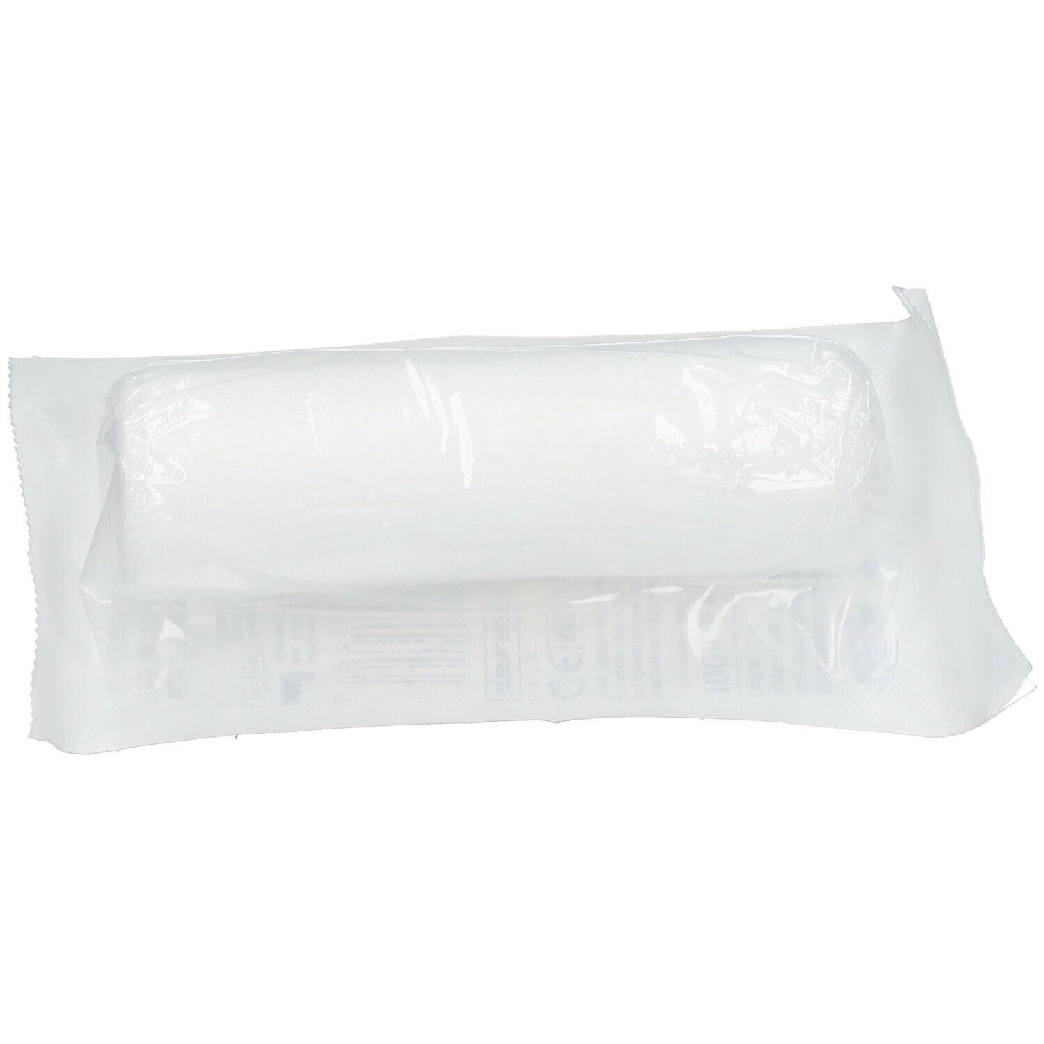 Steriel verband in plastic verpakking. Rechthoekige vorm, transparant materiaal. Productnaam niet zichtbaar.