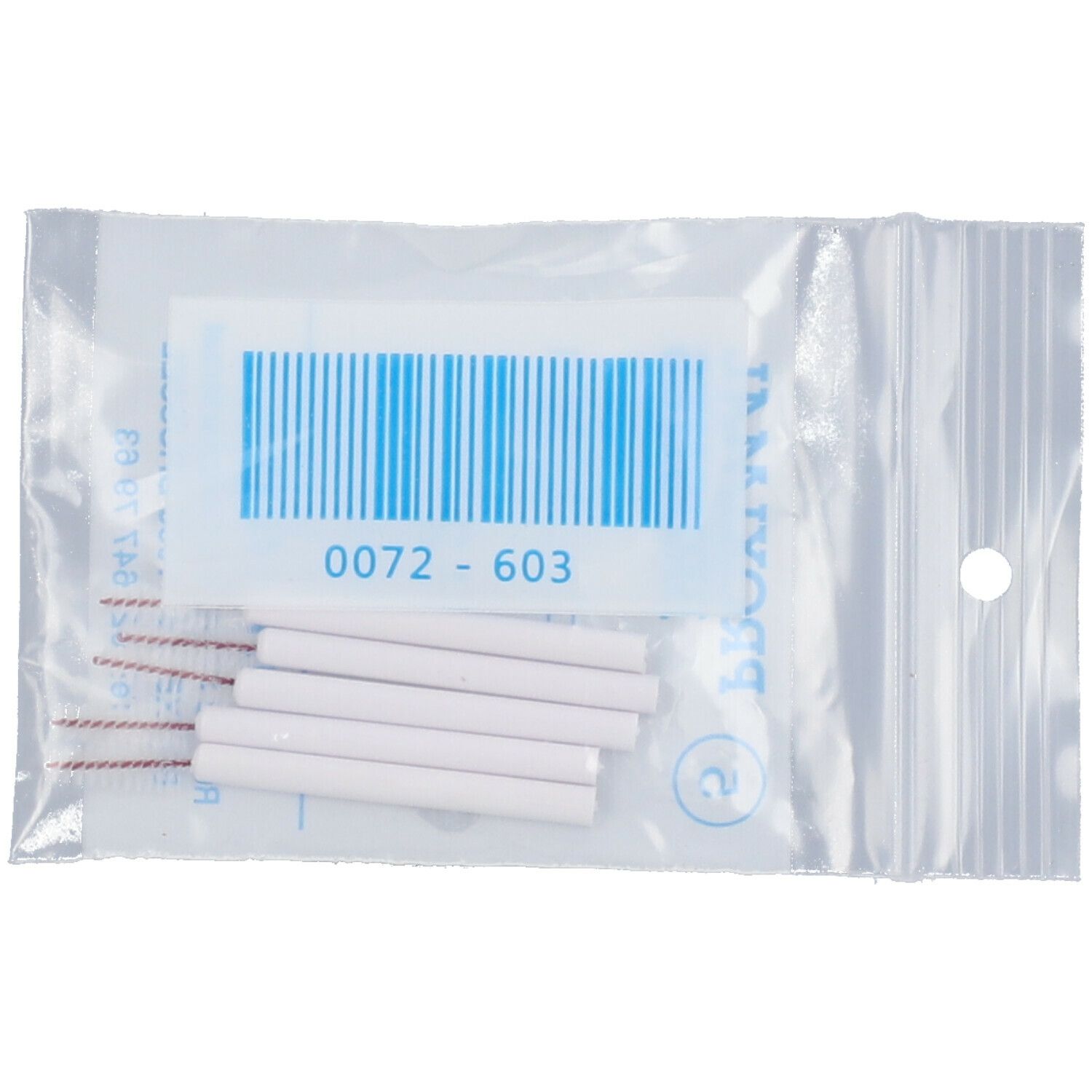 Verpackung mit Proximal Brushes. Inhalt: 5 Bürsten mit weißen Griffen und Borsten.