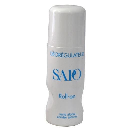 Roll-on déodorant blanc. Inscriptions: DÉORÉGULATEUR, SAPO, Roll-on, sans alcool, zonder alcohol.